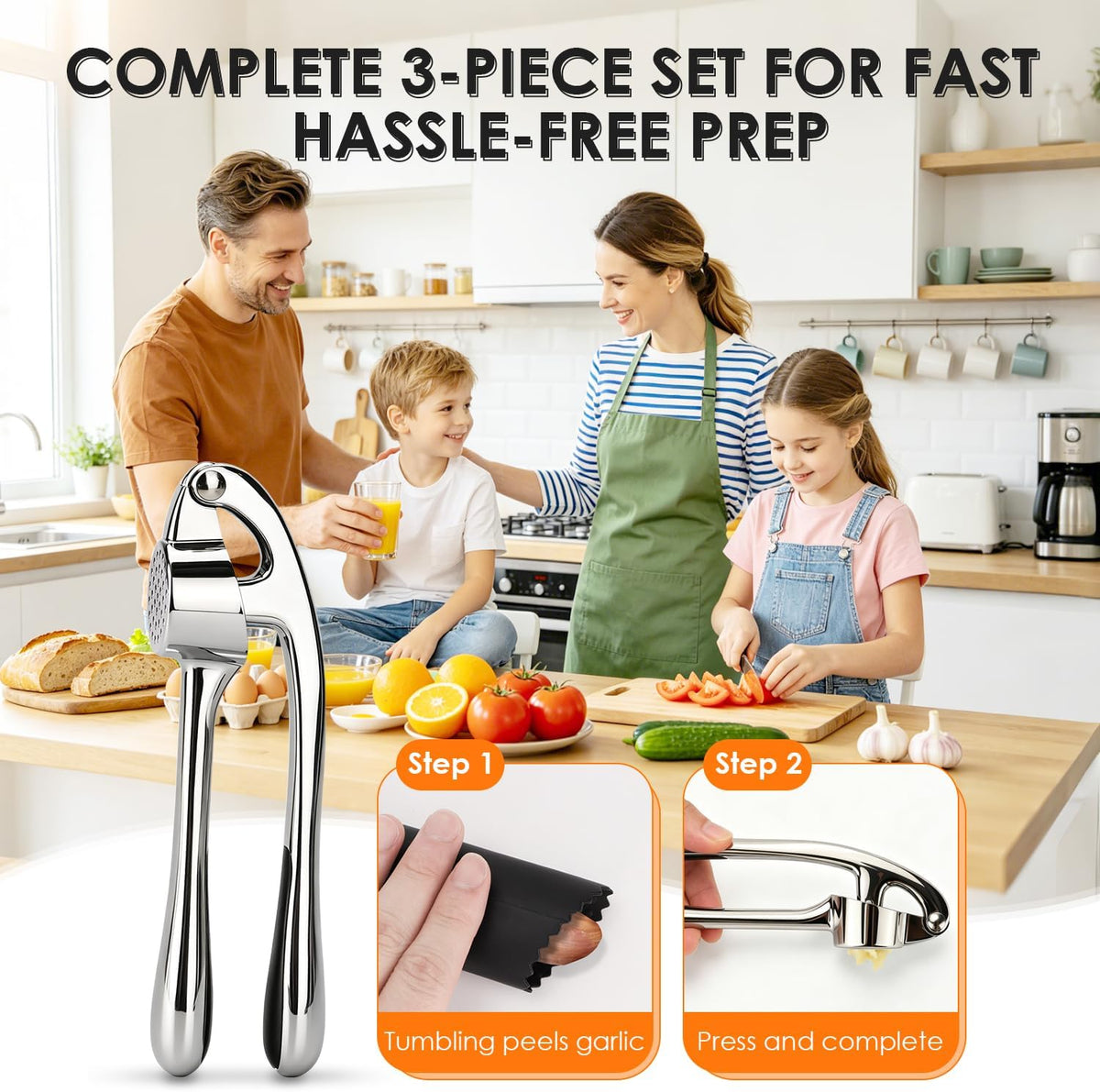 TACGEA Kitchen Garlic Press Set, Rust Proof Garlic Mincer Tool with Silicone Garlic Peeler and Brush