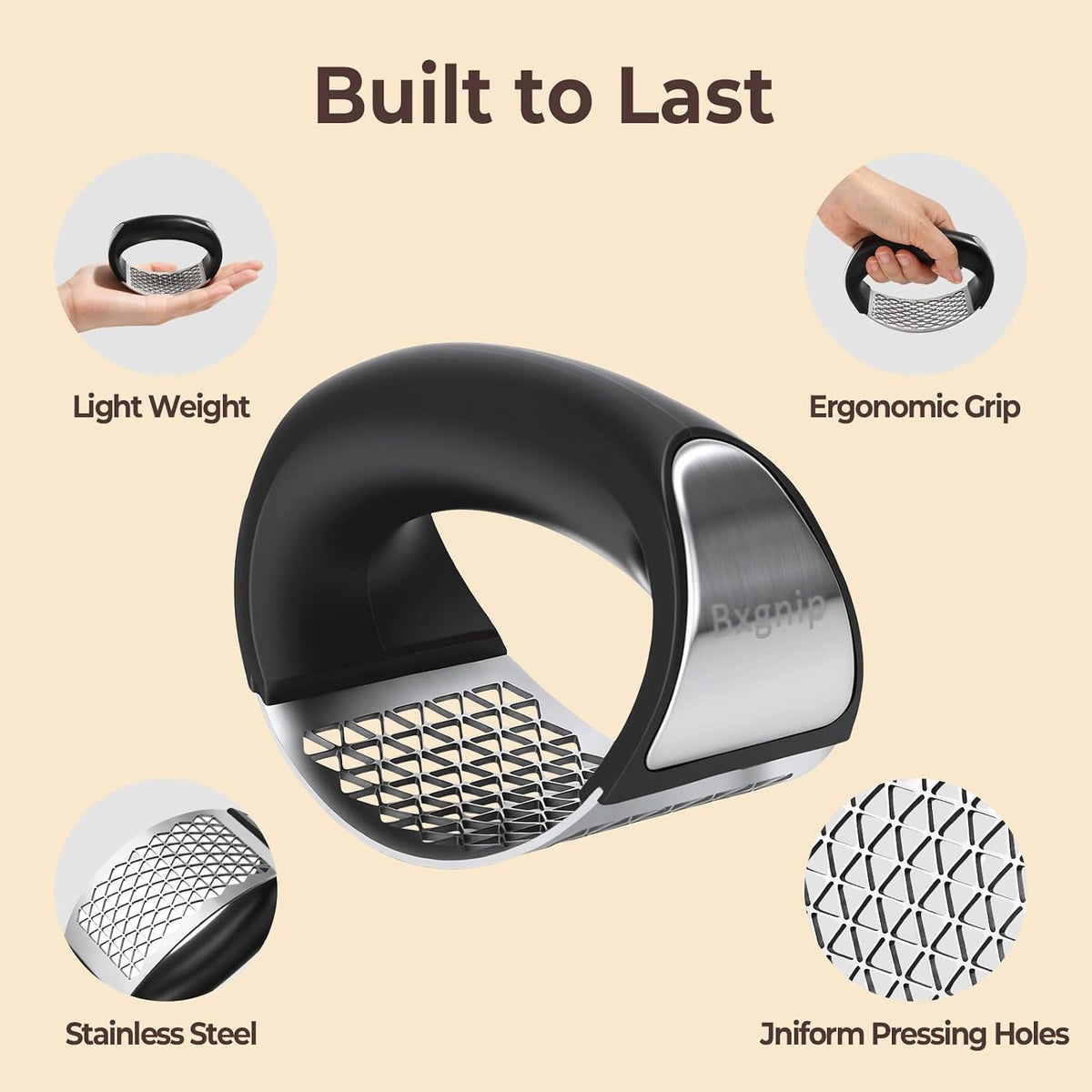 Garlic Press Rocker, Stainless Steel with Triangular Holes