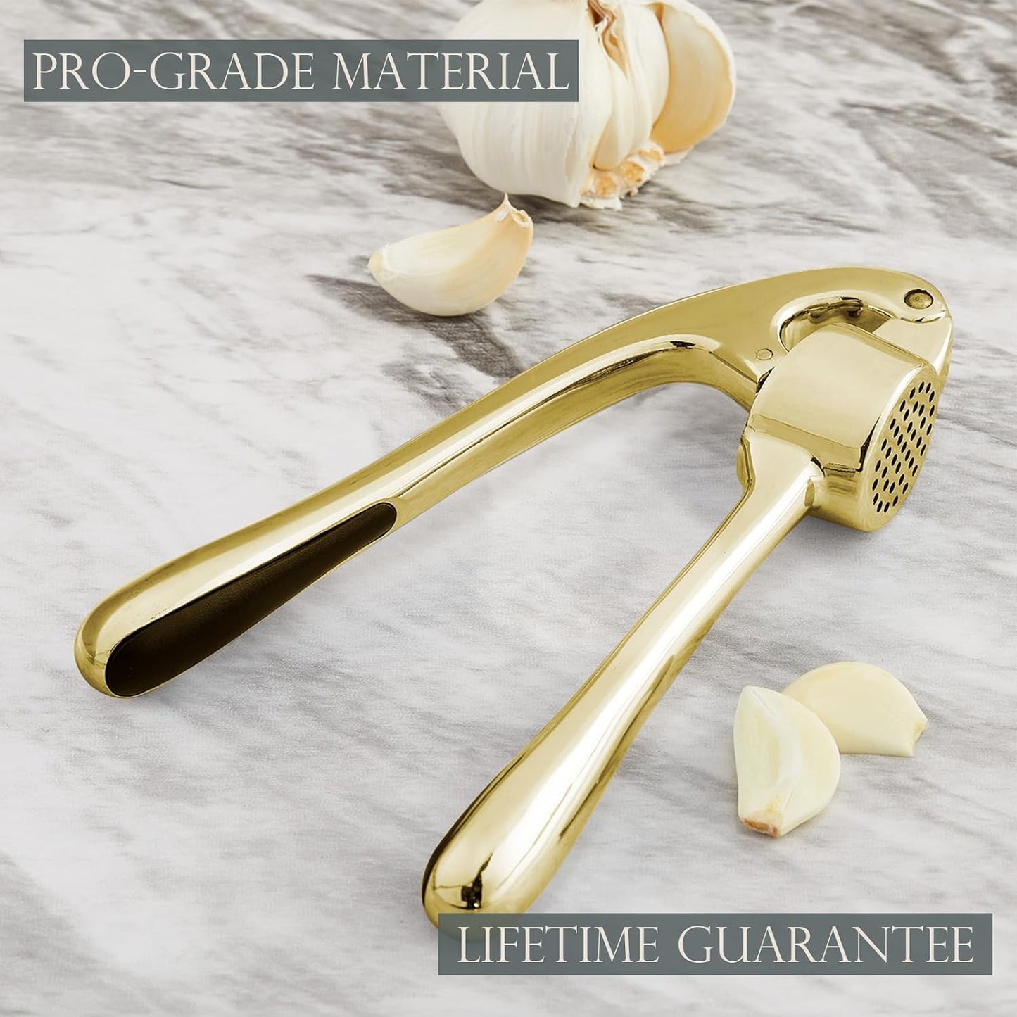 Kitessensu High Effective Garlic Press With Studs, Heavy Duty Garlic Mincer, Easy to Squeeze and Clean, Rust Proof, Ginger Crusher - Golden
