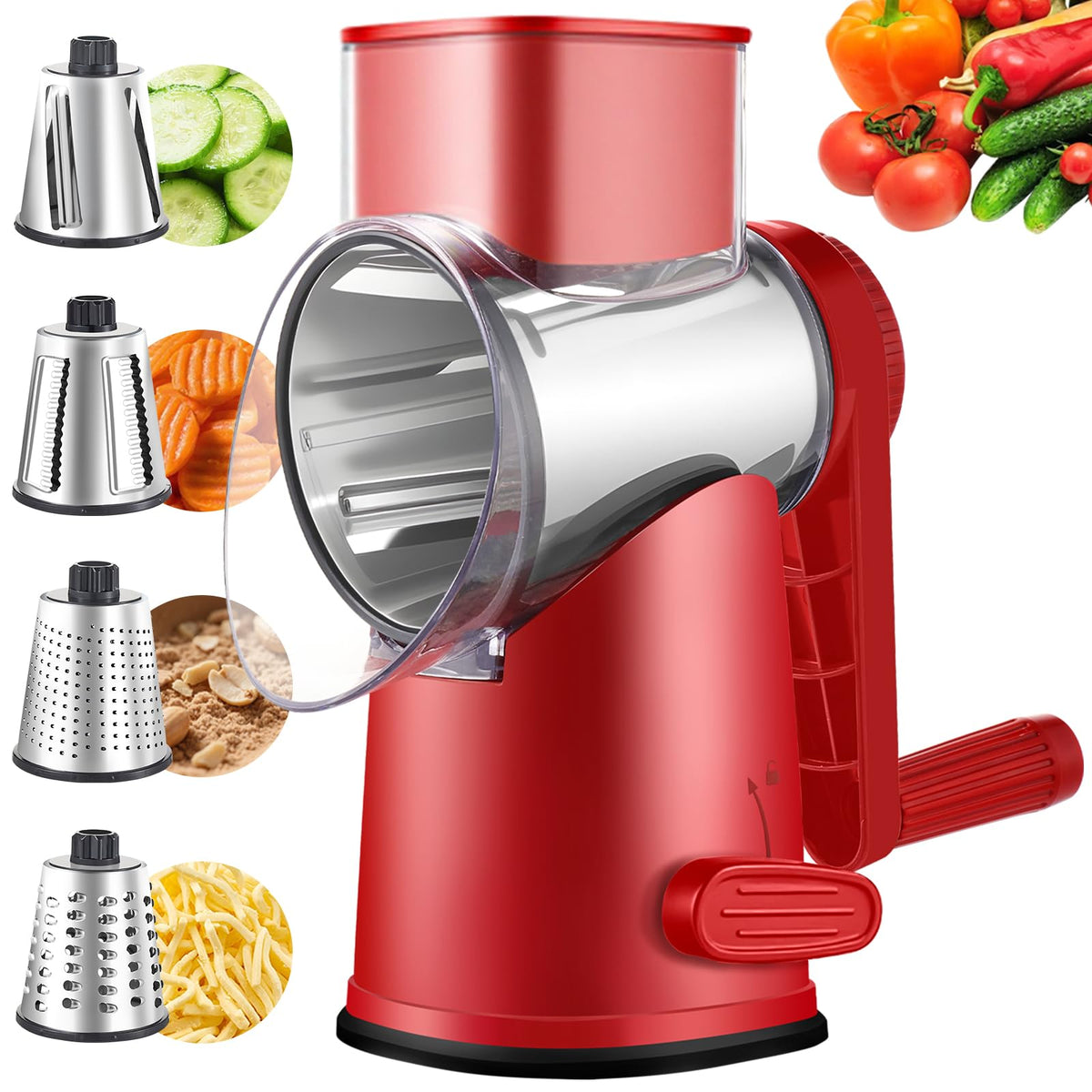 Weltonhm 4 in 1 Large Rotary Cheese Grater Hand Crank (Red black 4 Graters)
