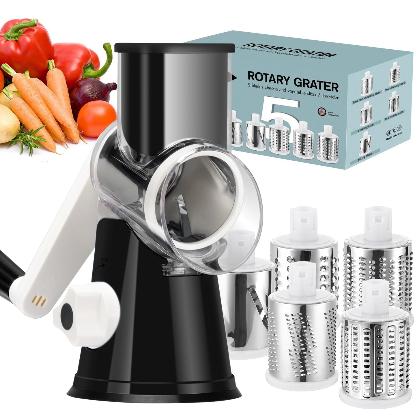 Ourokhome Rotary Cheese Grater Hand Crank, Kitchen Shredder Speed Mandolin Slicer Nuts Grinder with Handle and Drum Blades for Cheese, Vegetable, Walnuts, Chocolate, Potato, Carrot, 3 Blades, White