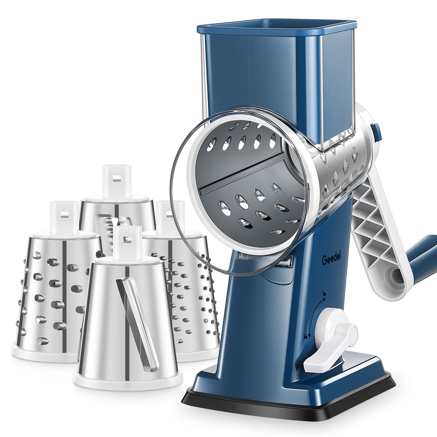 Geedel Upgraded Rotary Cheese Grater Hand Crank, Vegetable Shredder Slicer | 4 Blades, Stronger Suction Base, Wider Chute, 18x Faster Cutting, No BPA, Stainless Steel, for Cheese, Veggies, Nut