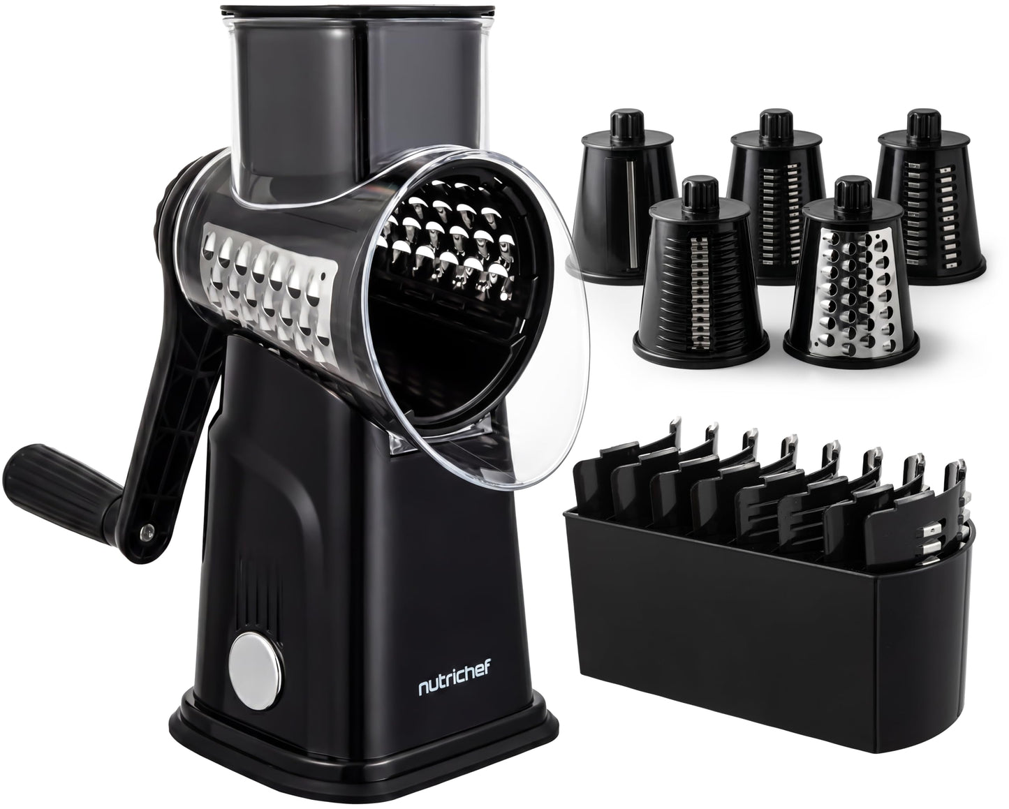 NutriChef 5 in 1 Cheese Grater & Shredder | 5 Different Blades for Thin, Thick, Julienne Strips, Wavy, & Straight Strips | Includes Hand Crank, Strong Suction Base & Storage Container | Blue