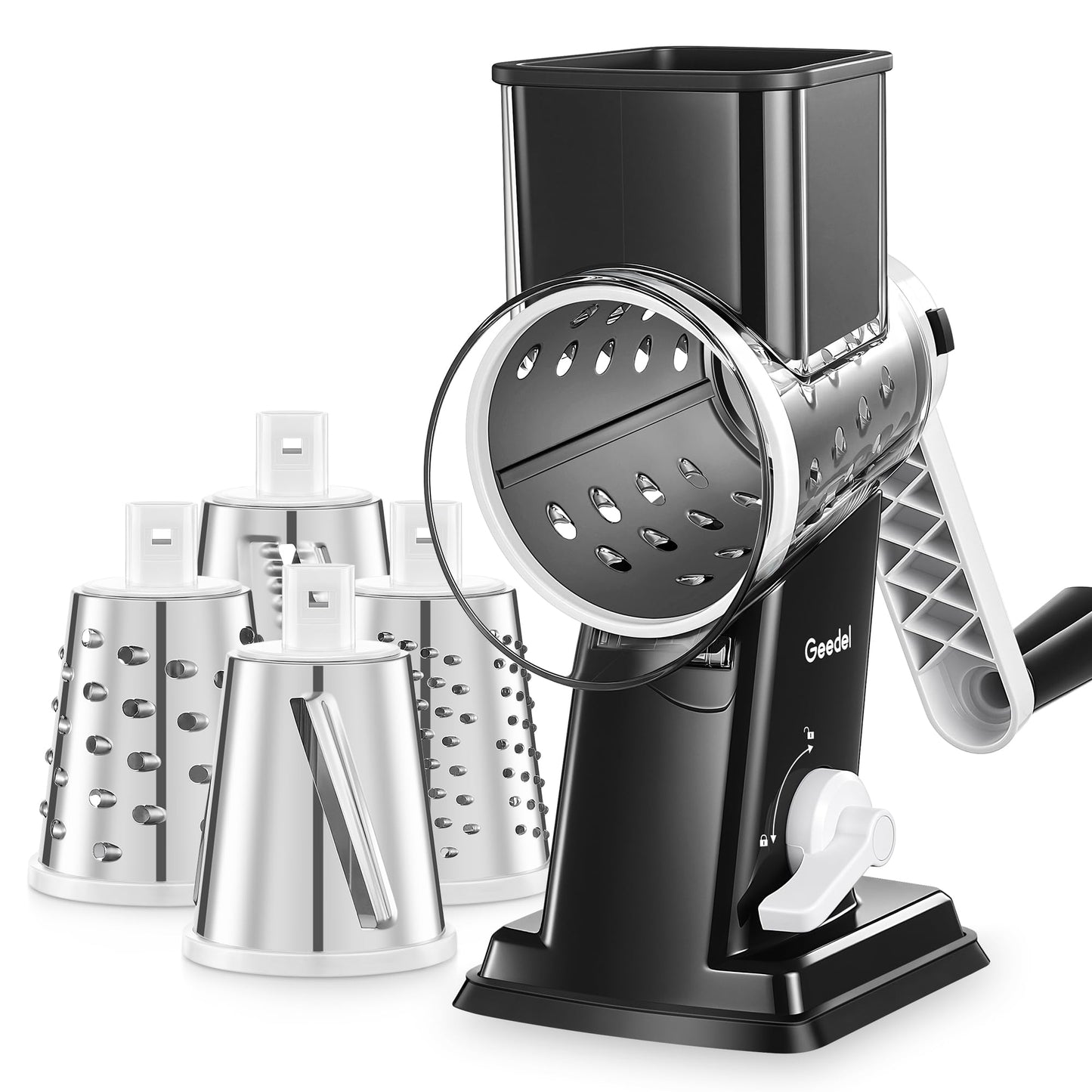 Geedel Upgraded Rotary Cheese Grater Hand Crank, Vegetable Shredder Slicer | 4 Blades, Stronger Suction Base, Wider Chute, 18x Faster Cutting, No BPA, Stainless Steel, for Cheese, Veggies, Nut