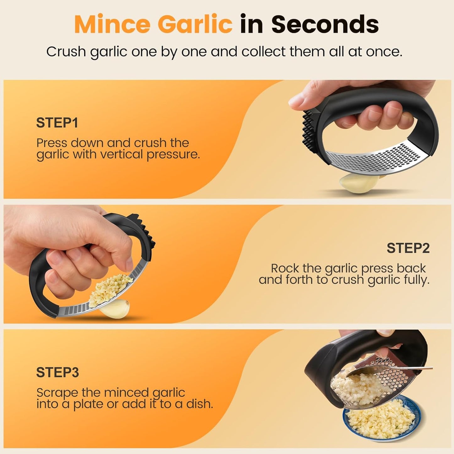 Garlic Press Rocker Set with Garlic Peeler & Cleaning Brush,Stainless Steel Garlic Mincer Crusher,Easy Kitchen Gadget for Effortless Smashing,Kitchen Essentials,Home and Kitchen Utensils Accessories