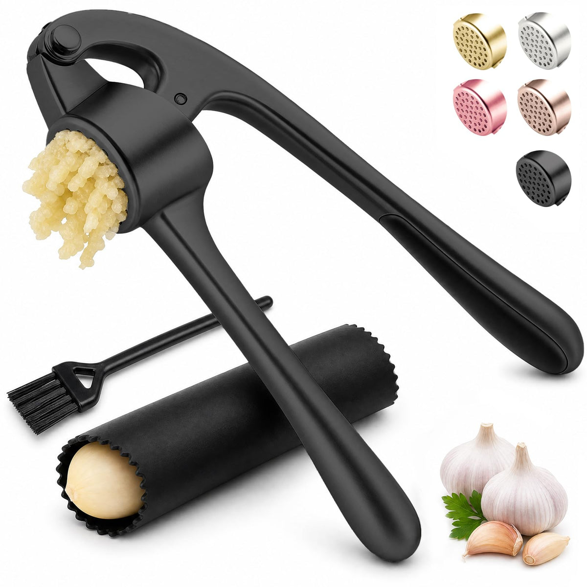 Kitchen Garlic Press, Rust Proof & Dishwasher Safe Garlic Mincer, Durable Garlic Crusher Set with Peeler＆Brush, Easy to Clean and Squeeze, Matte