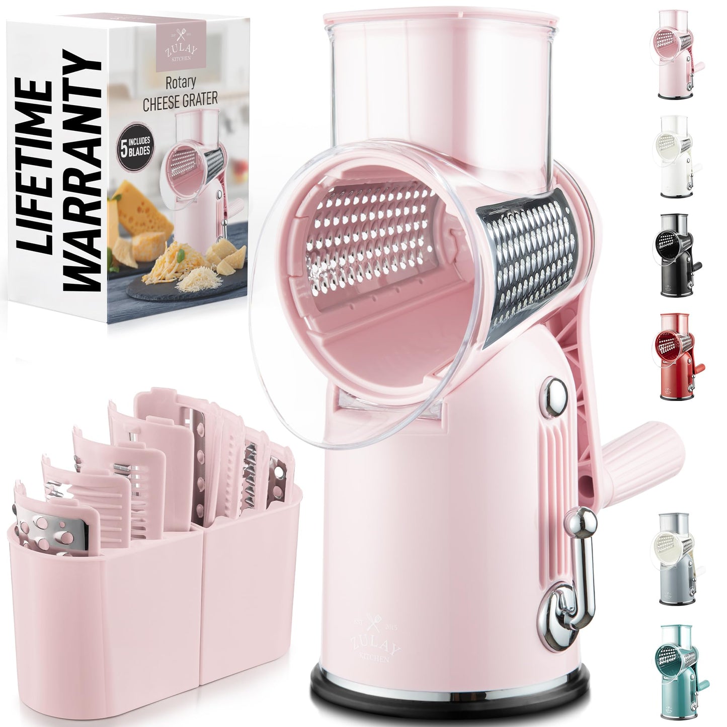 Zulay Kitchen Rotary Cheese Grater 5 Blade Cheese Shredder - Manual Hand Crank Cheese Grater With Reinforced Suction & 5 Interchangeable Drums - Easy to Use, Vegetable Chopper Round Mandoline Slicer