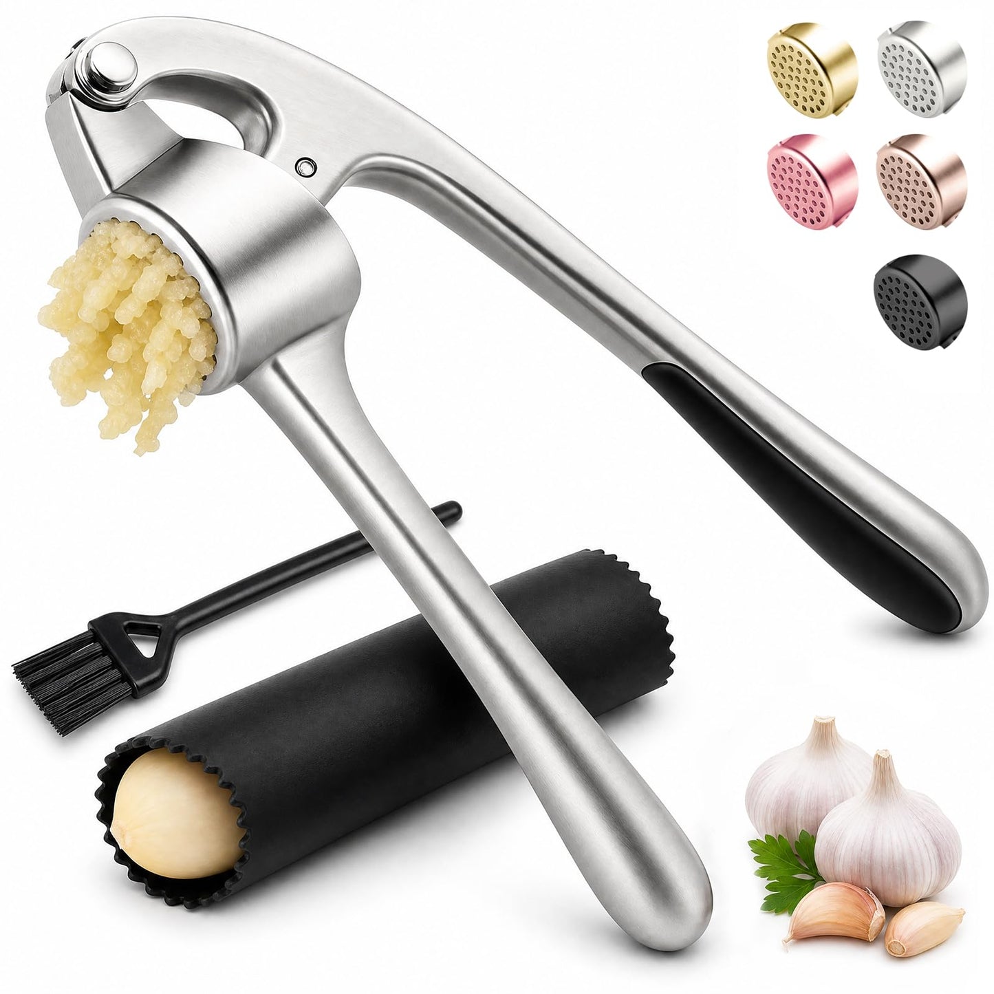 Kitchen Garlic Press, Rust Proof & Dishwasher Safe Garlic Mincer, Durable Garlic Crusher Set with Peeler＆Brush, Easy to Clean and Squeeze, Matte