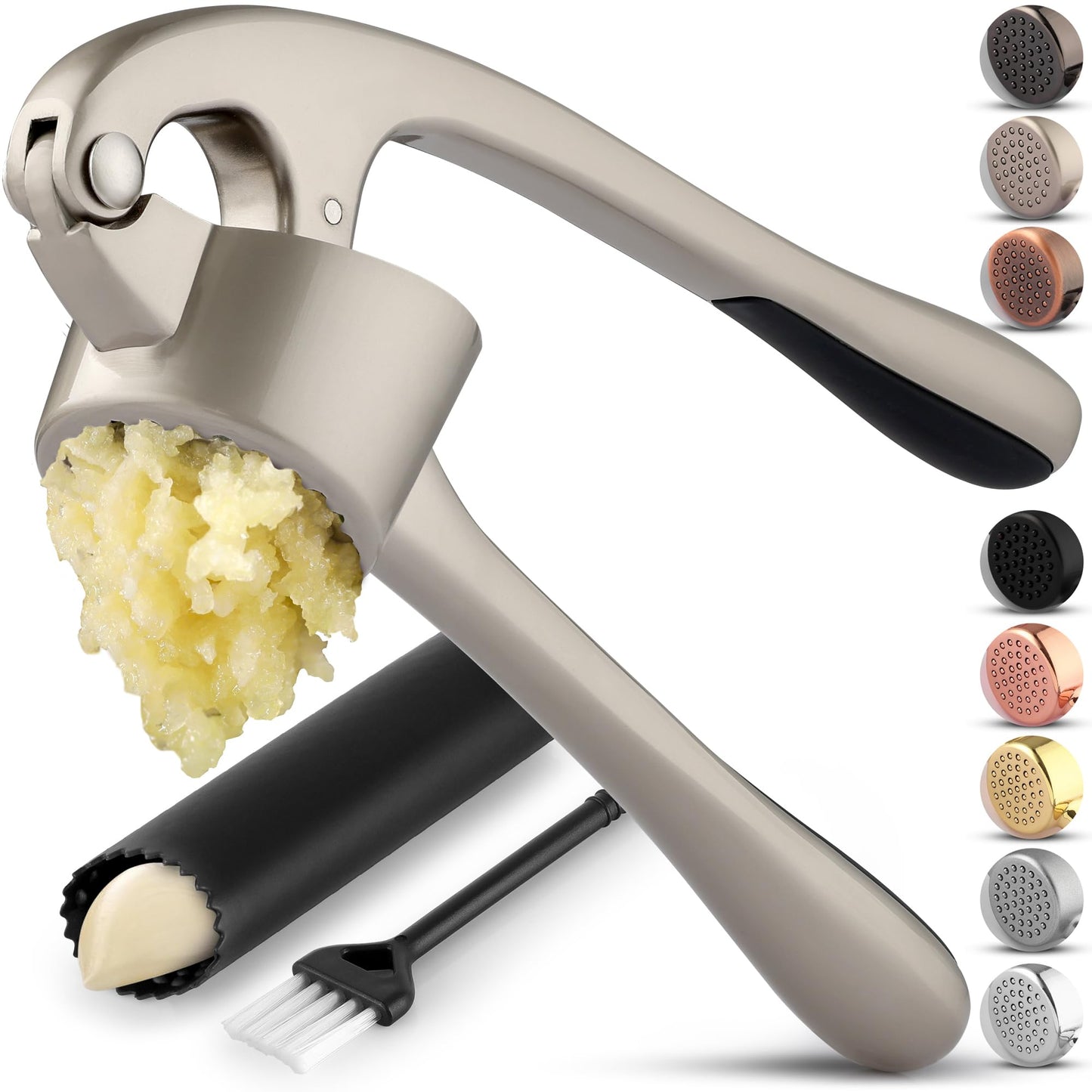 Zulay Kitchen Stainless Steel Garlic Press Rocker Set - Time Saving, Durable Strong Garlic Mincer Tool - Easy to Use & Clean Garlic Crusher Set with Peeler and Scraper Kitchen Gadget Smasher