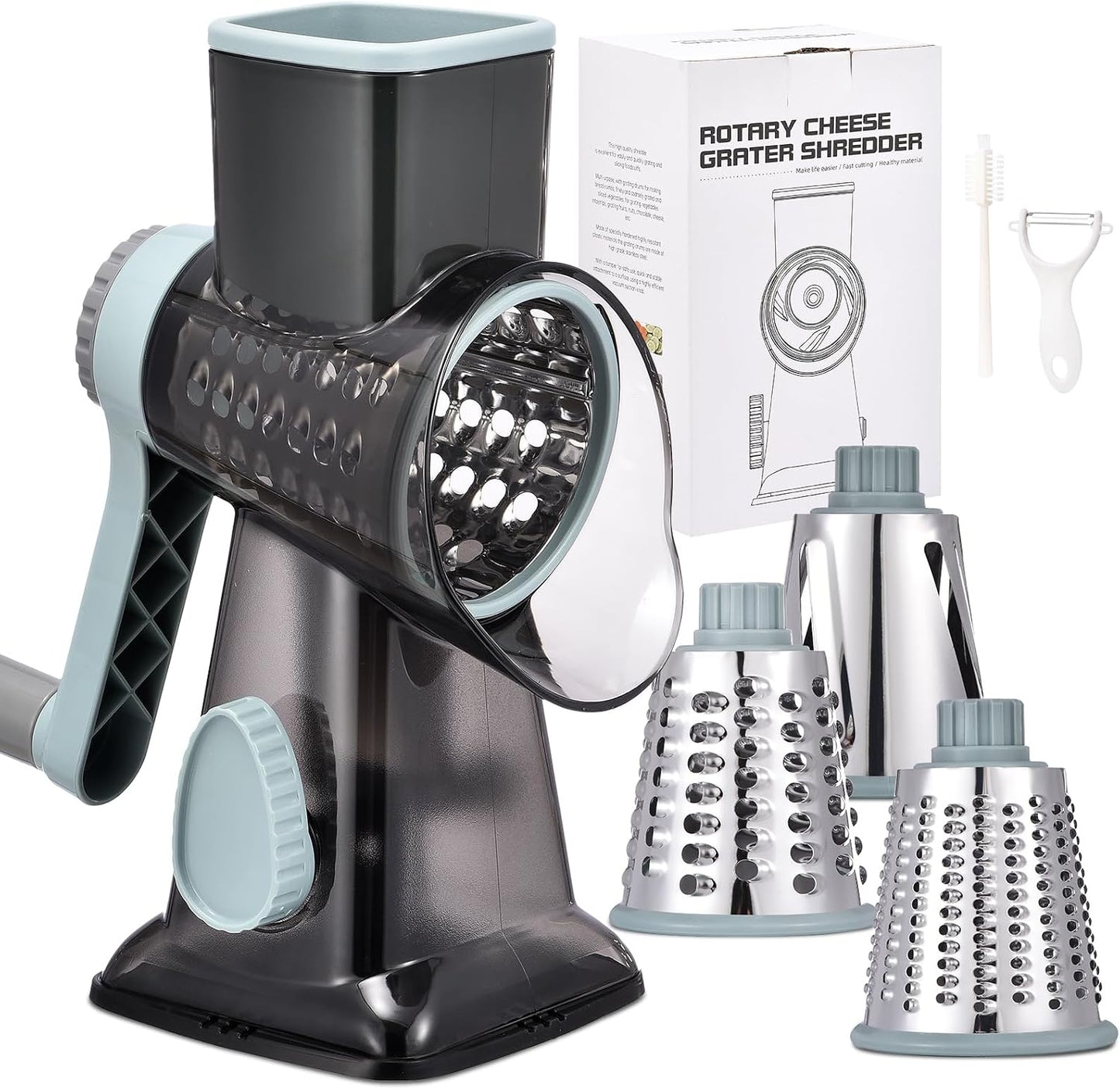 Rotary Cheese Grater with Handle Kitchen Shredder Slicer Grater Slicer Ice Shaver Cheese Vegetable Nuts Potato Zucchini Chocolate 3 Interchangeable Blades (GreyBlue