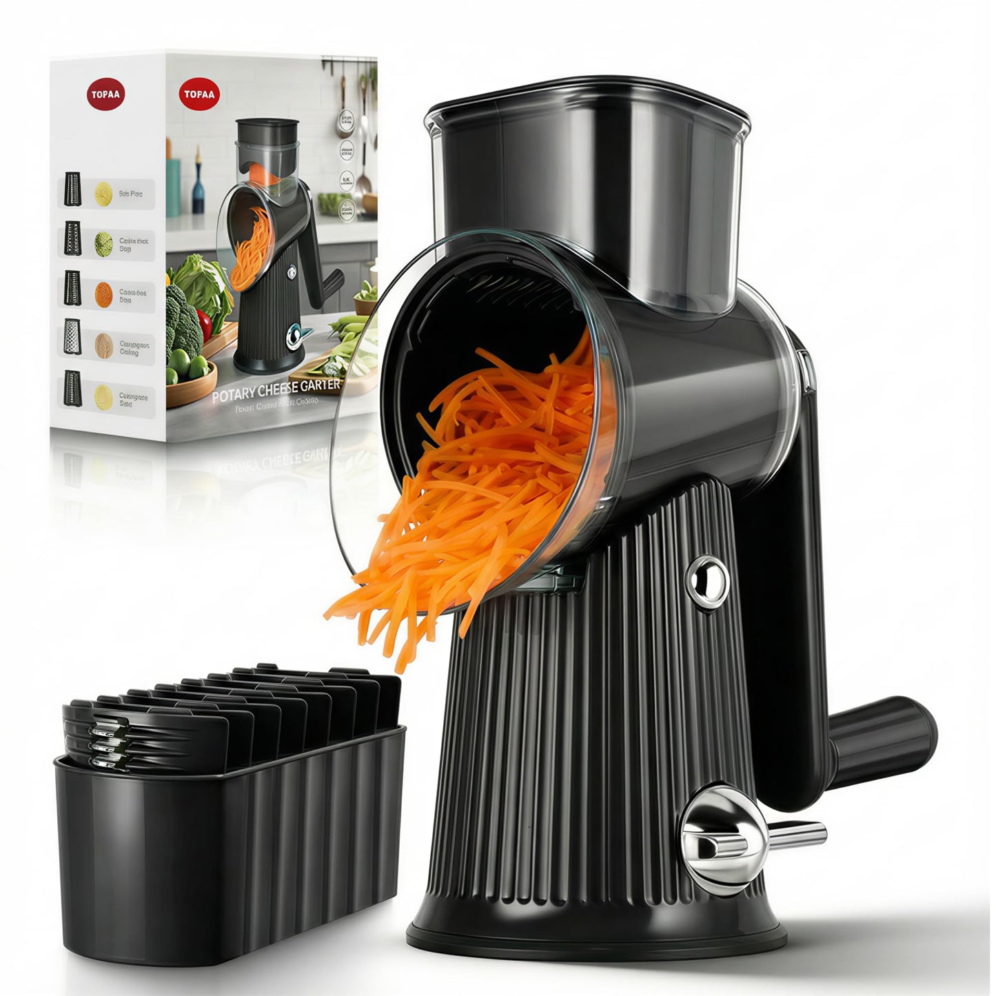 Rotary Cheese Grater with Handle - Vegetable Shredder with 5 Blades & Strong Suction Base, Round Slicer & Food Chopper for Kitchen (White)