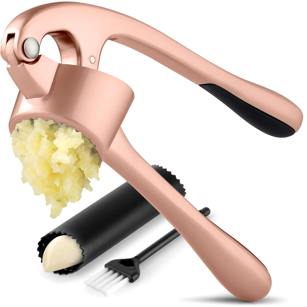 Zulay Kitchen Large Premium Garlic Press Set - Bigger Bowl for Bigger Garlic - Rust Proof Garlic Mincer Tool - Easy-Squeeze, Easy-Clean Silicone Garlic Peeler & Brush (Gold)