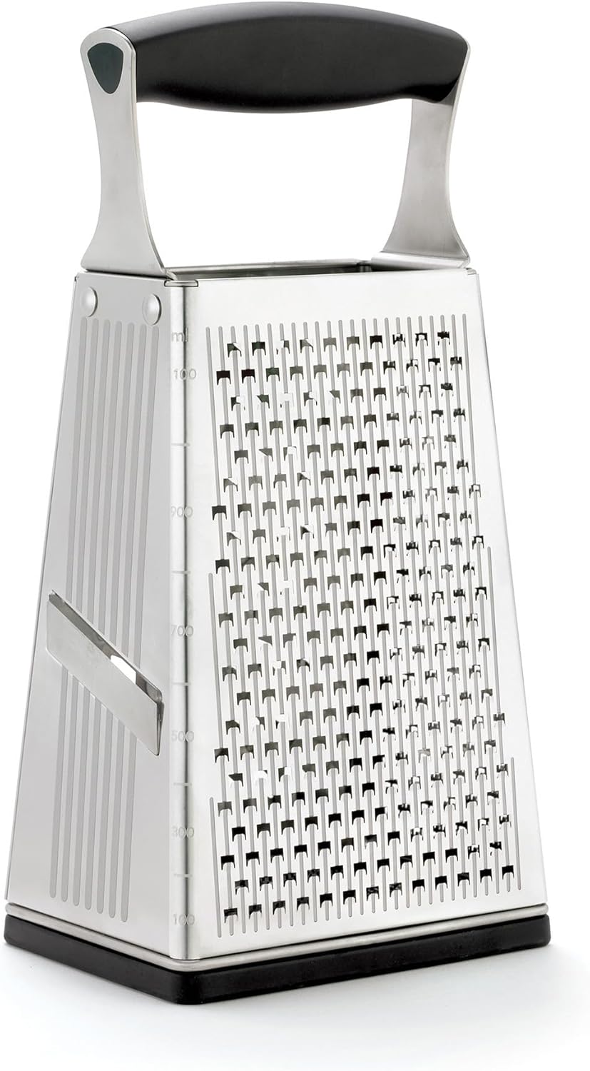 Cuisipro Stainless Steel Cheese Grater with Handle, 4 Sided Box Grater for Kitchen, Ginger Grater Dishwasher Safe, Fruit and Vegetables Slicer, Cheese Shredder for Potato, Chocolate, Parmesan, Ginger