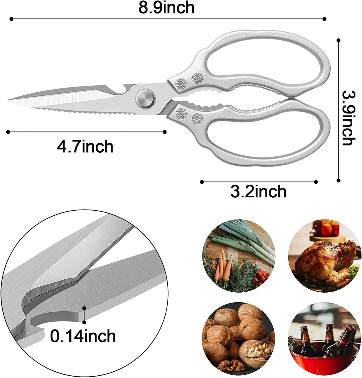 CGBE Kitchen Scissors, Multi-Purpose Kitchen Shears, Heavy Duty Dishwasher Safe Food Scissors for Chicken, Poultry, Fish, Meat & Herbs with Non-Slip Grips - Sliver