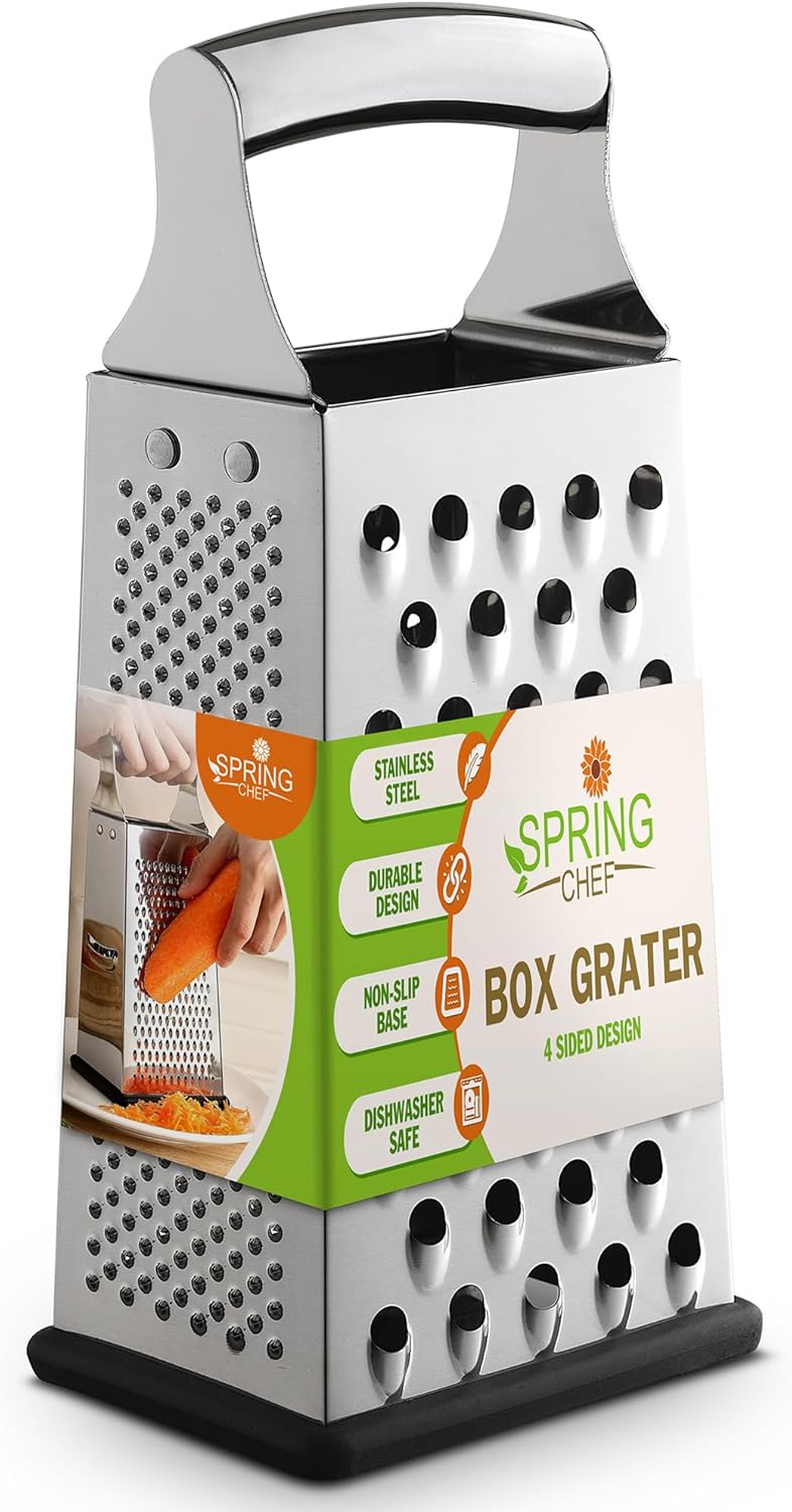 Spring Chef Stainless Steel Cheese Grater, Large Box Grater for Kitchen