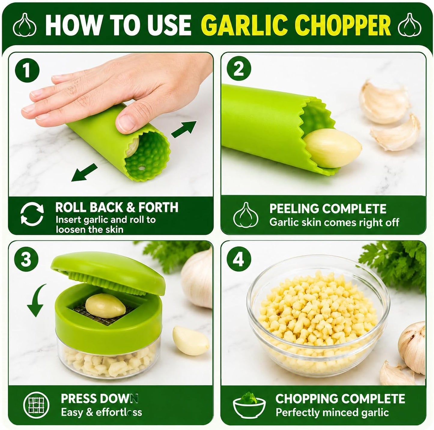 3-in-1 Garlic Press Set with Peeler & Brush, Manual Garlic Mincer Tool with Storage Container for Easy Prep and Cleanup (2 Pack)