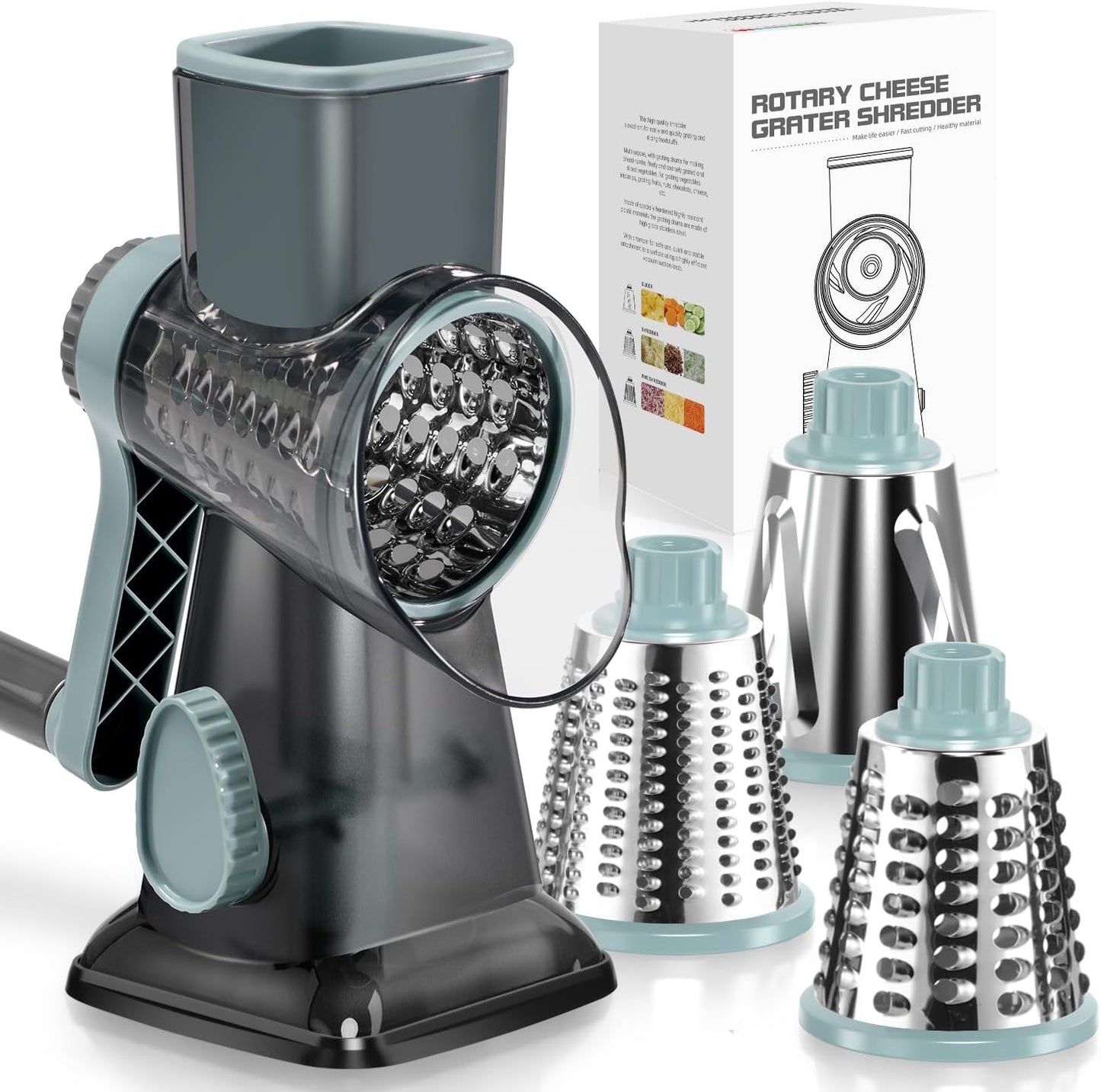 Badelite Cheese Grater Vegetable Cheese Shredder Slicer Grater for Kitchen 3 Changeable Blades for Cheese Potato Zucchini Nuts Chocolate (Grey Blue)