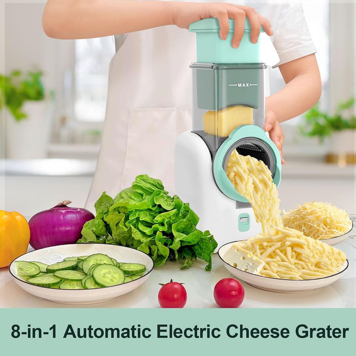 Upgraded 8-in-1 Electric Cheese Grater & Electric Cheese Shredder with 8 Interchangeable Blades for Cheese, Vegetables, Fruits and Nuts