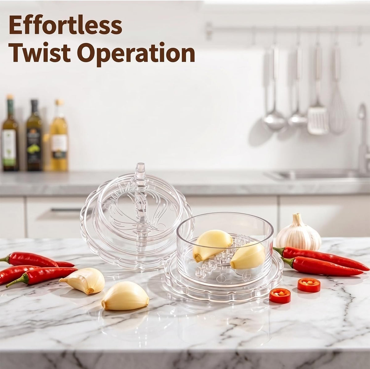 3 Pack Transparent Garlic Press, Manual Garlic Crusher and Mincer—Plastic Garlic Grinder and Chopper, rotary chopper suitable for garlic, chili peppers, compact and space-saving
