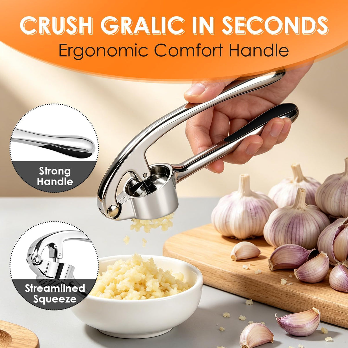TACGEA Kitchen Garlic Press Set, Rust Proof Garlic Mincer Tool with Silicone Garlic Peeler and Brush
