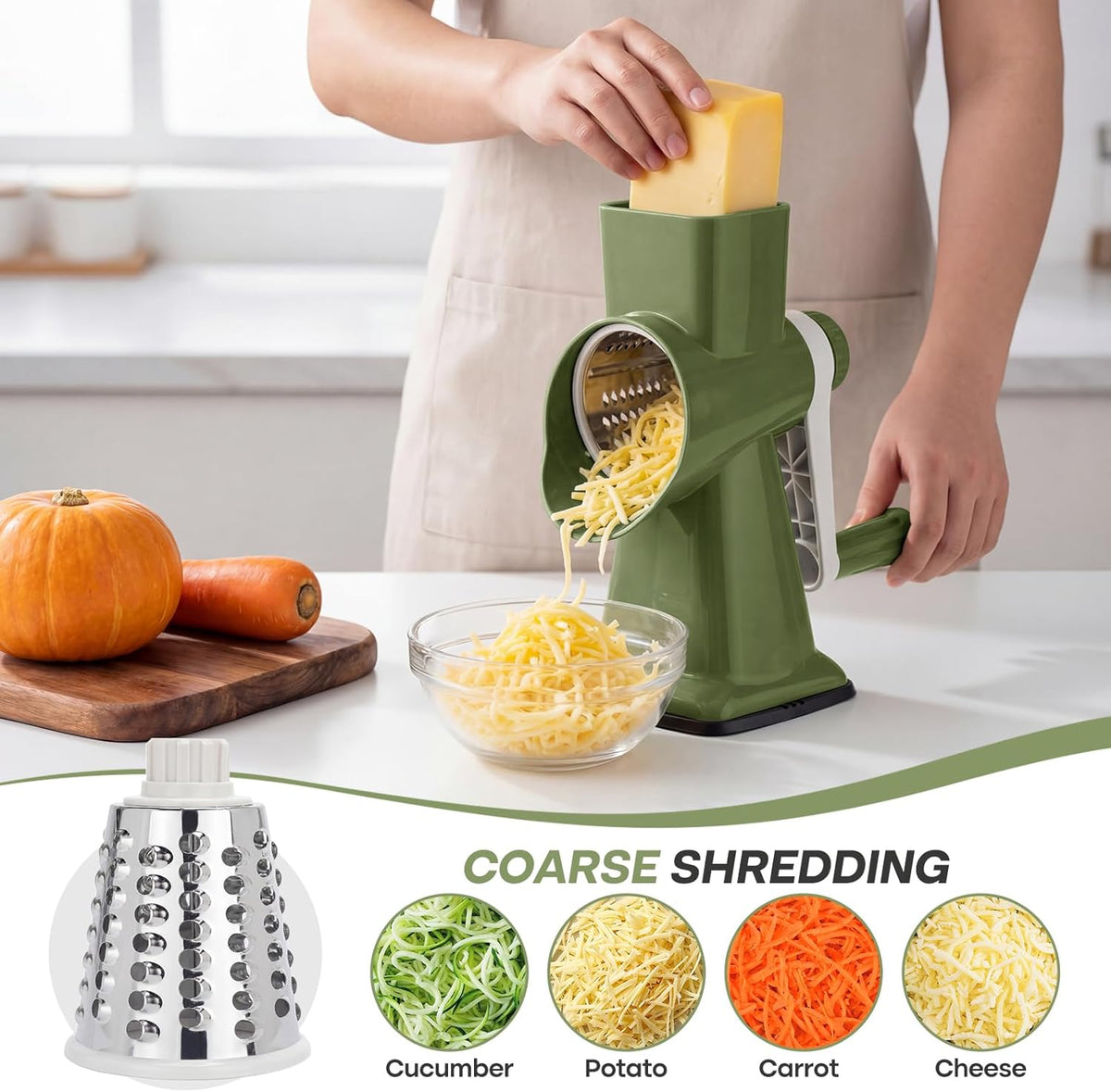 Rotary Cheese Grater, Cheese Grater Hand Crank, 3-Blade Grater