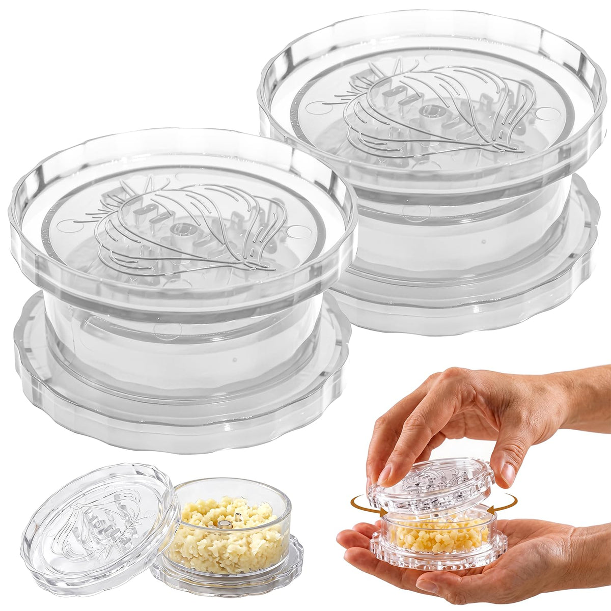 3 Pack Transparent Garlic Press, Manual Garlic Crusher and Mincer—Plastic Garlic Grinder and Chopper, rotary chopper suitable for garlic, chili peppers, compact and space-saving