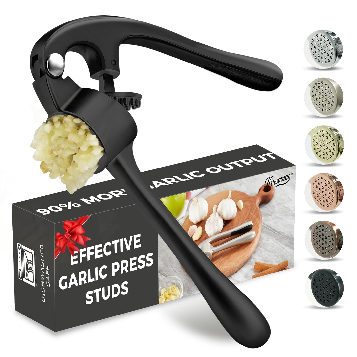 Kitessensu High Effective Garlic Press With Studs, Heavy Duty Garlic Mincer, Easy to Squeeze and Clean, Rust Proof, Ginger Crusher- Imperial Silver