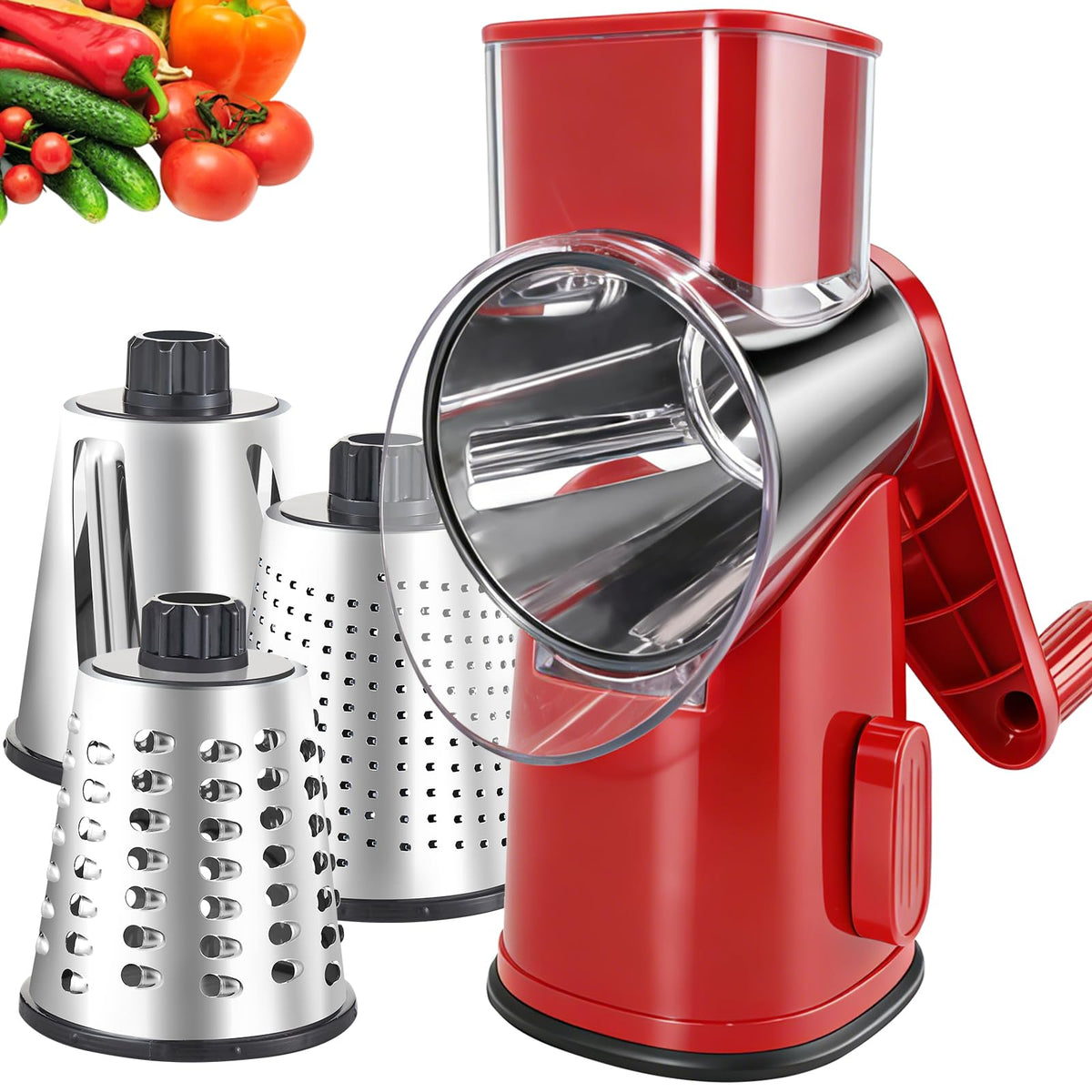Weltonhm 4 in 1 Large Rotary Cheese Grater Hand Crank (Red black 4 Graters)