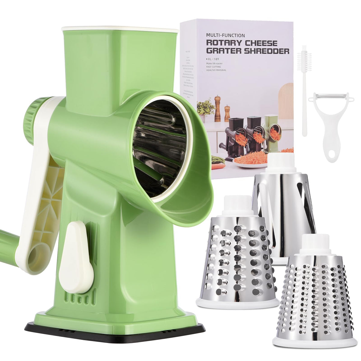 Rotary Cheese Grater with Handle Kitchen Shredder Slicer Grater Slicer Ice Shaver Cheese Vegetable Nuts Potato Zucchini Chocolate 3 Interchangeable Blades (GreyBlue