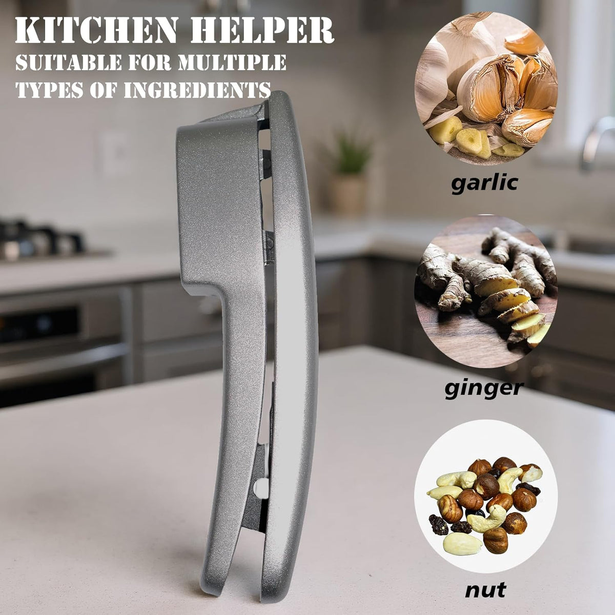 2-in-1 Garlic Press and Slicer, Handle Kitchen Tool for Home Cooking
