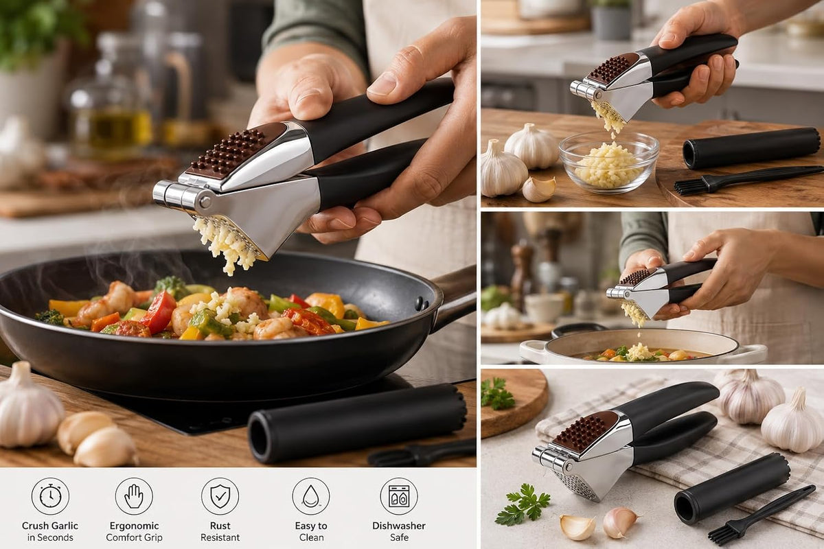 HOMFTY Garlic Press Set – Heavy Duty Stainless Steel Garlic Mincer & Crusher with Silicone Peeler, Ginger Press & Cleaning Brush – Large Chamber, Ergonomic Non-Slip Handle, No Peeling Needed