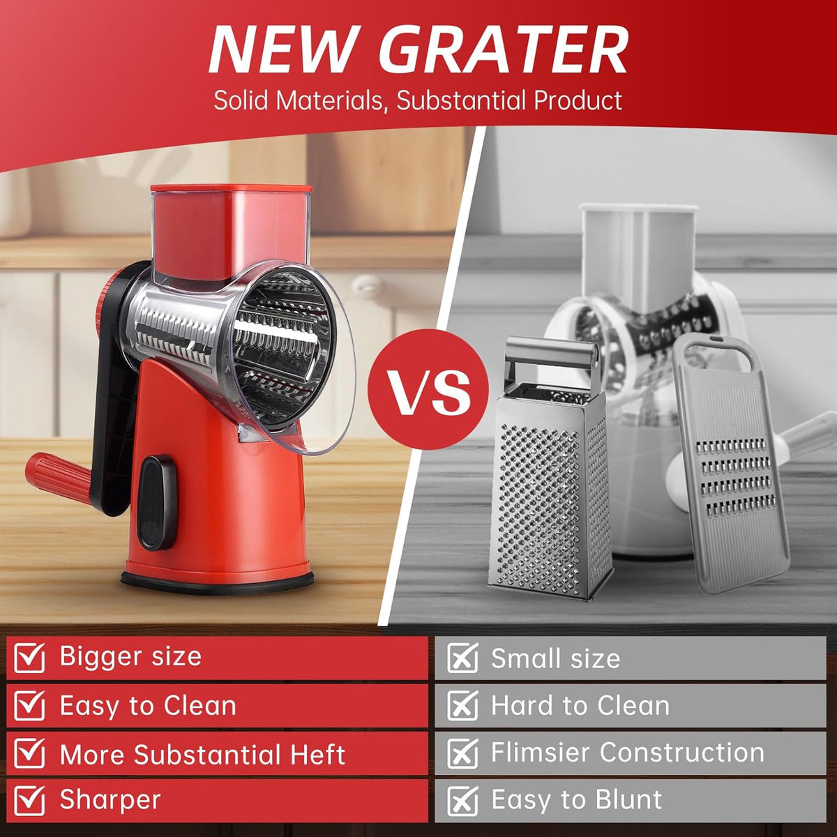 Rotary Hand Crank Cheese Grater,Cheese Shredder Vegetable Slicer(Red)