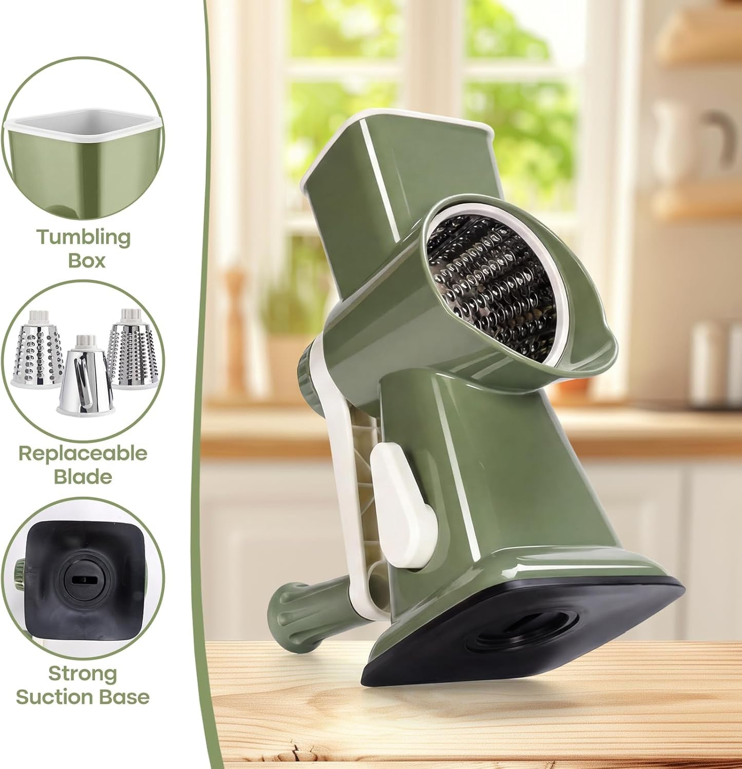 Rotary Cheese Grater, Cheese Grater Hand Crank, 3-Blade Grater
