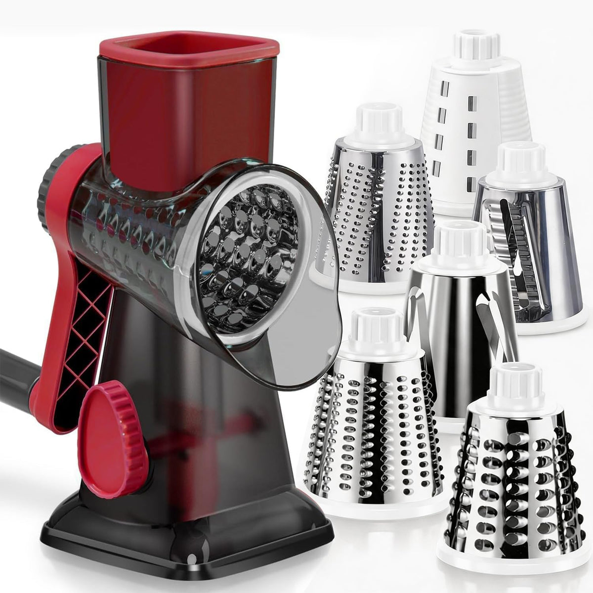 KEOUKE Rotary Cheese Grater Hand Crank Transparent - Shredder Slicer Grinder 3 Stainless Steel Blades, Stable Suction, Labor-Saving Handle, Safe Kitchen Tool for Cheese, Vegetable, Nuts, Chocolate