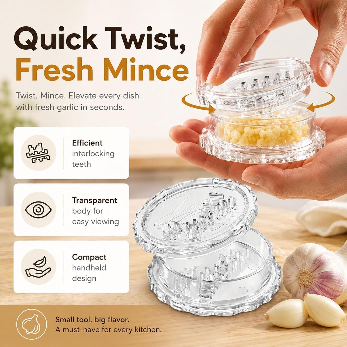 Transparent Manual Garlic Twist, Multi-Functional Mincer & Grinder for Garlic, Onion, Ginger, Herbs, Nuts, Impact Resistant Kitchen Gadget & Home Accessory