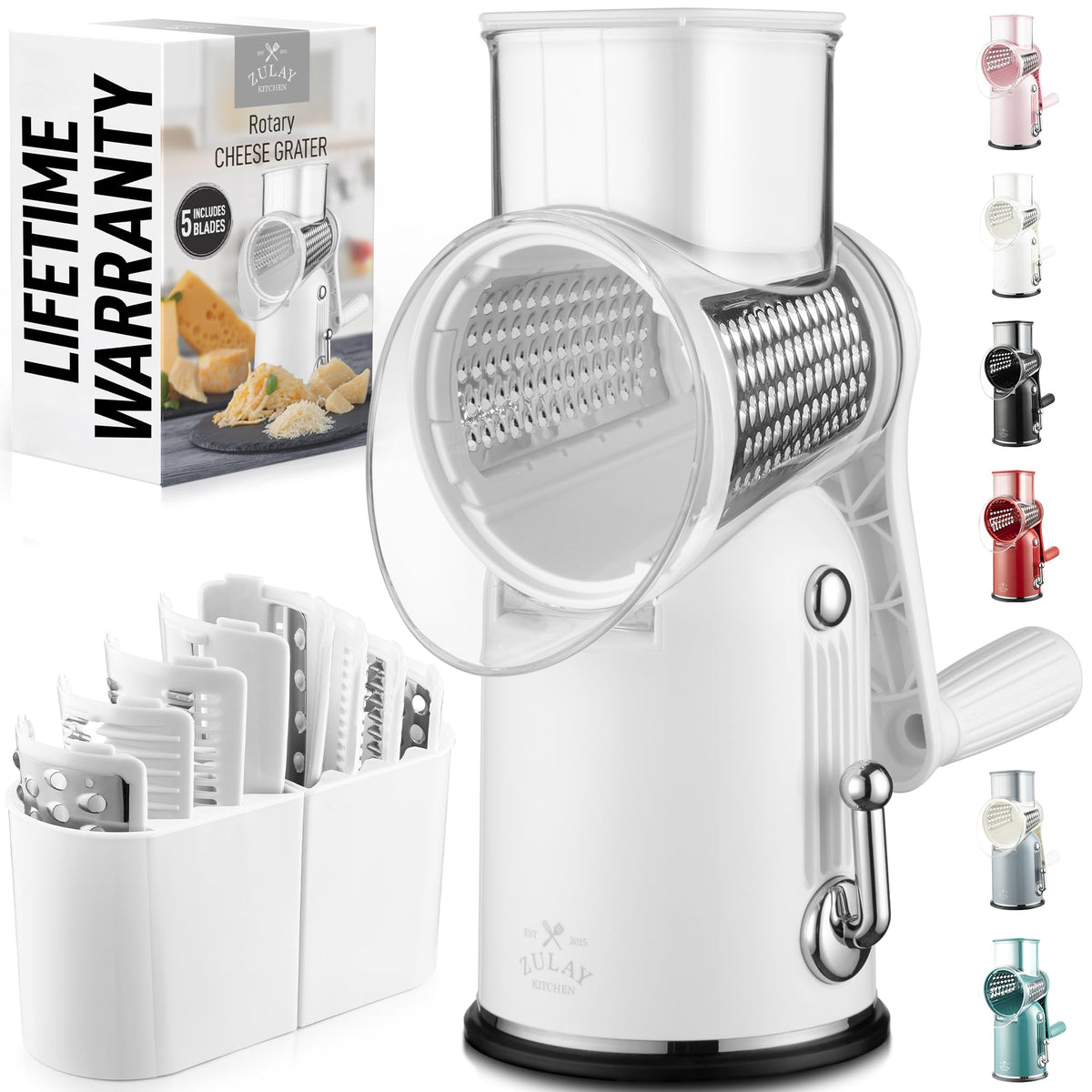 Zulay Kitchen Rotary Cheese Grater 5 Blade Cheese Shredder - Manual Hand Crank Cheese Grater With Reinforced Suction & 5 Interchangeable Drums - Easy to Use, Vegetable Chopper Round Mandoline Slicer