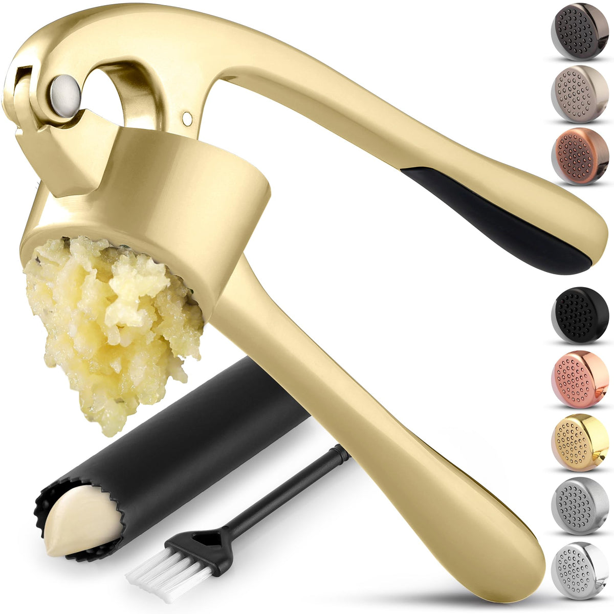 Zulay Kitchen Premium Garlic Press Set - Rust Proof Professional Garlic Mincer Tool - Easy-Squeeze, Easy-Clean with Soft, Ergonomic Handle - Silicone Garlic Peeler & Brush (Silver)