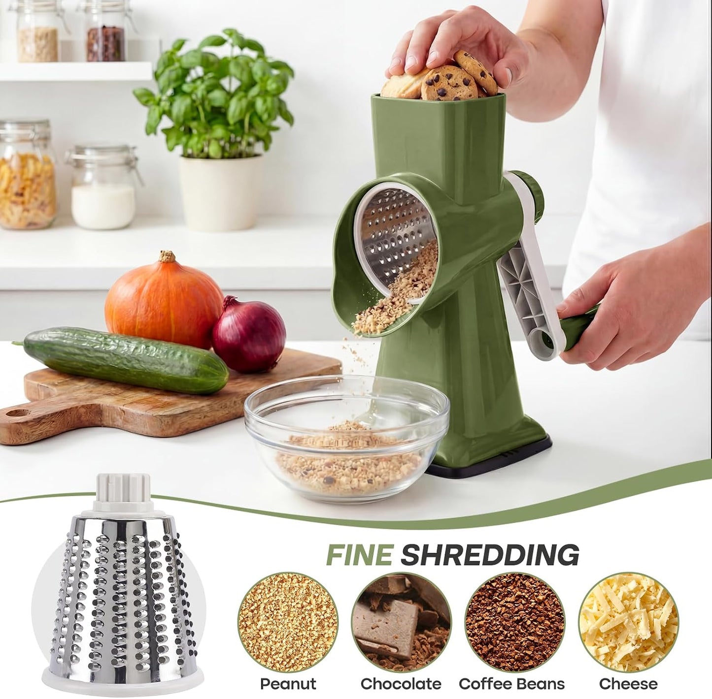 Rotary Cheese Grater, Cheese Grater Hand Crank, 3-Blade Grater