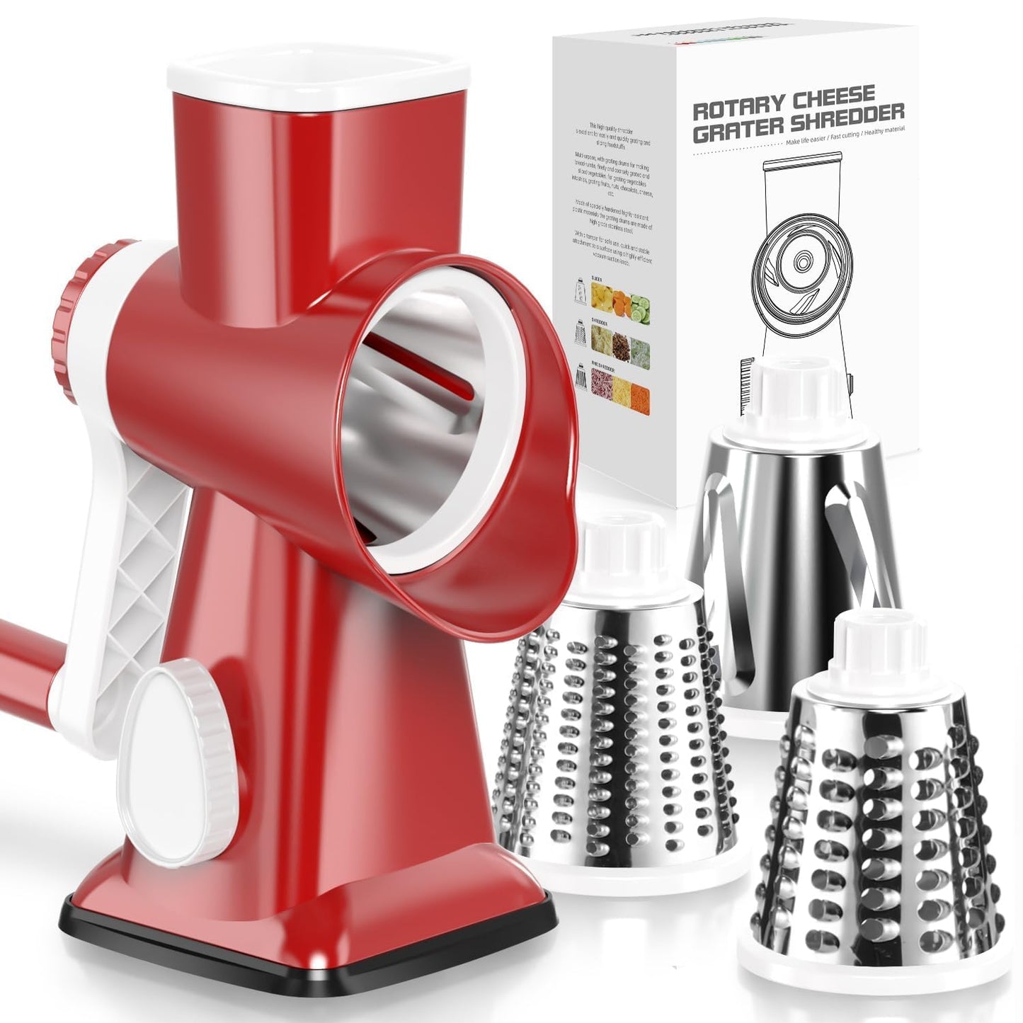 KEOUKE Rotary Cheese Grater Hand Crank Transparent - Shredder Slicer Grinder 3 Stainless Steel Blades, Stable Suction, Labor-Saving Handle, Safe Kitchen Tool for Cheese, Vegetable, Nuts, Chocolate