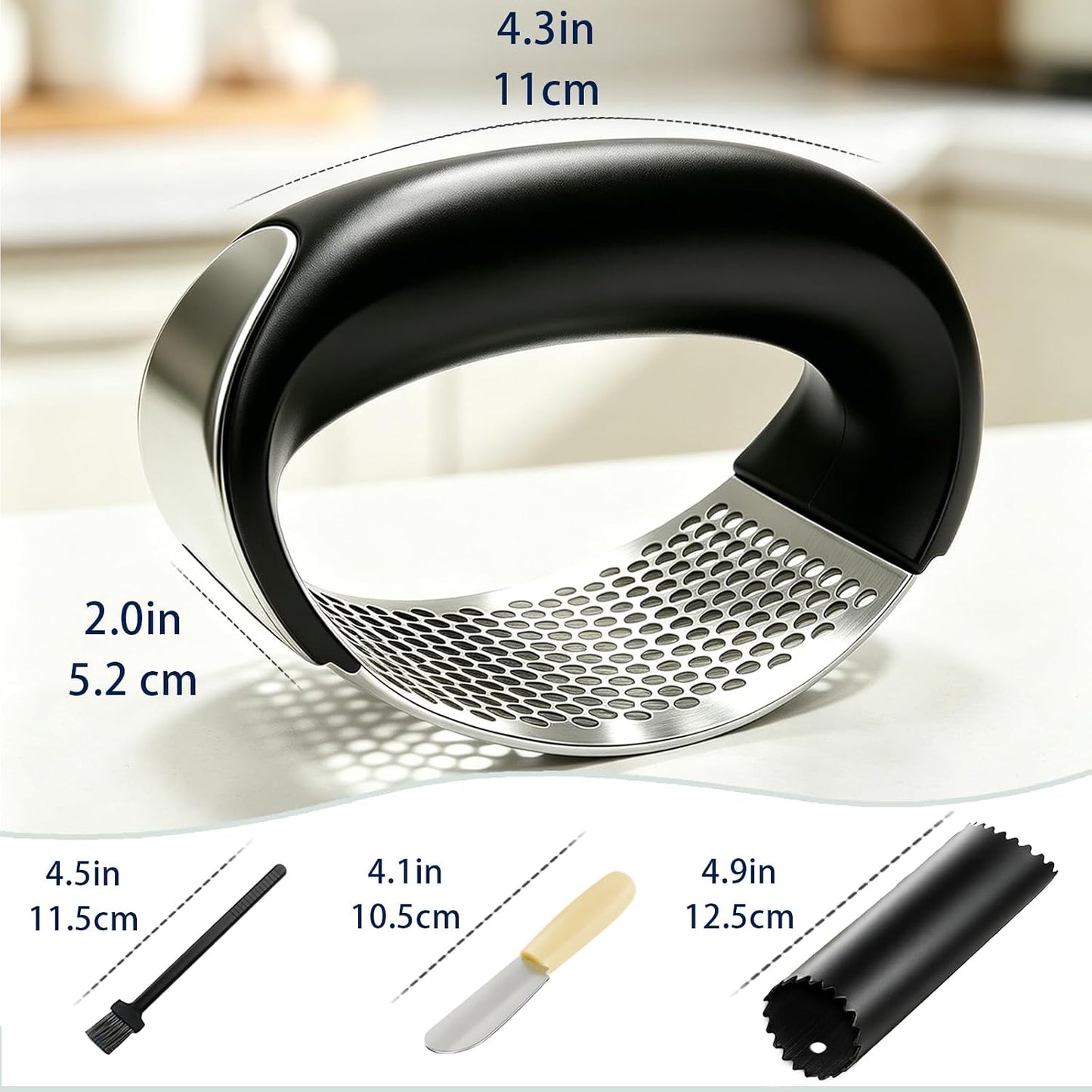 Garlic Press Rocker Set – Stainless Steel Garlic Crusher, Mincer with Peeler & Scraper, Quick & Easy Garlic Smashing