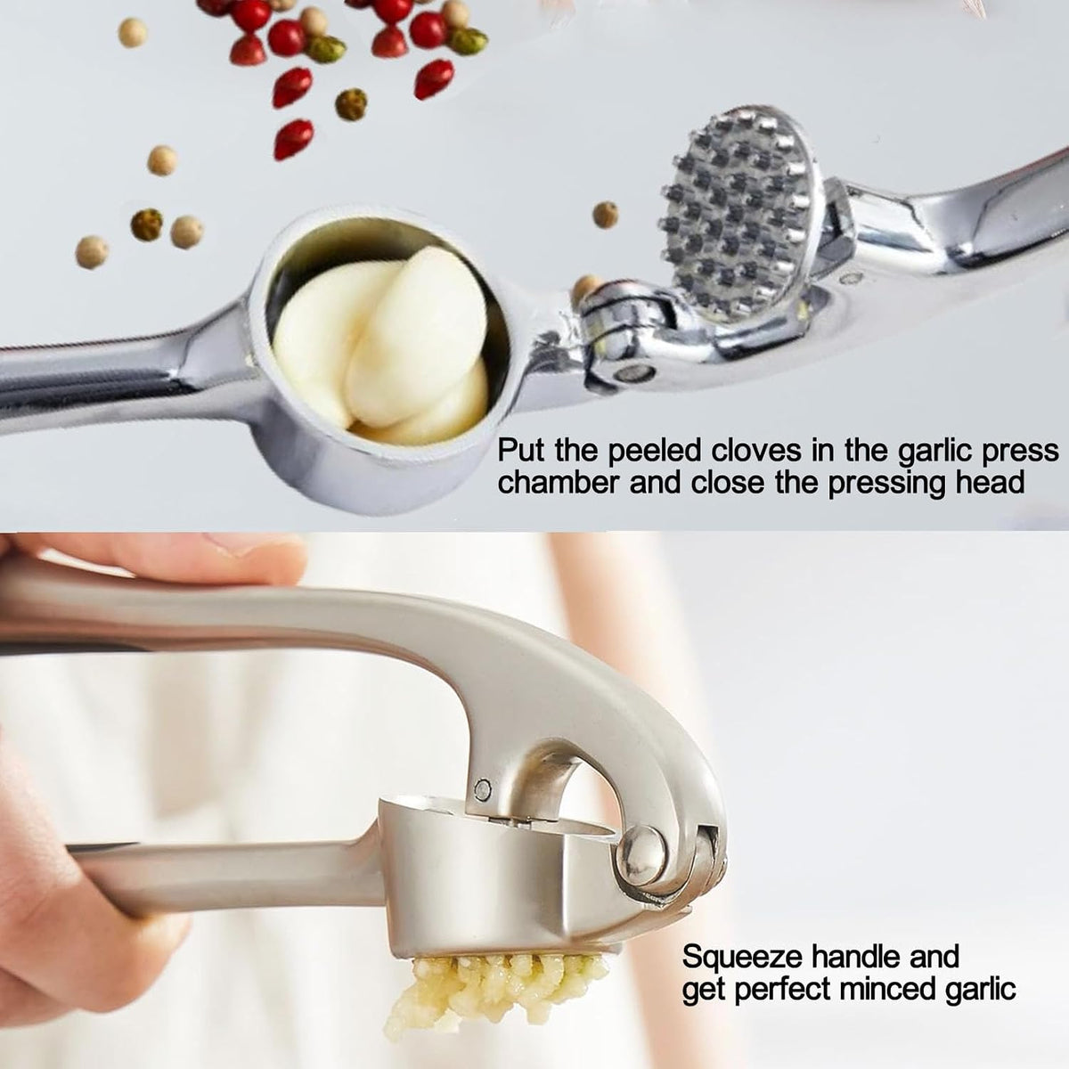 Garlic Press Stainless Steel, 2 in 1 Garlic Mincer & Herb Scissors, Dishwasher Safe Garlic Crusher, Rust Proof Garlic Smasher and Mincer Tool with Peeler and Brush for Kitchen