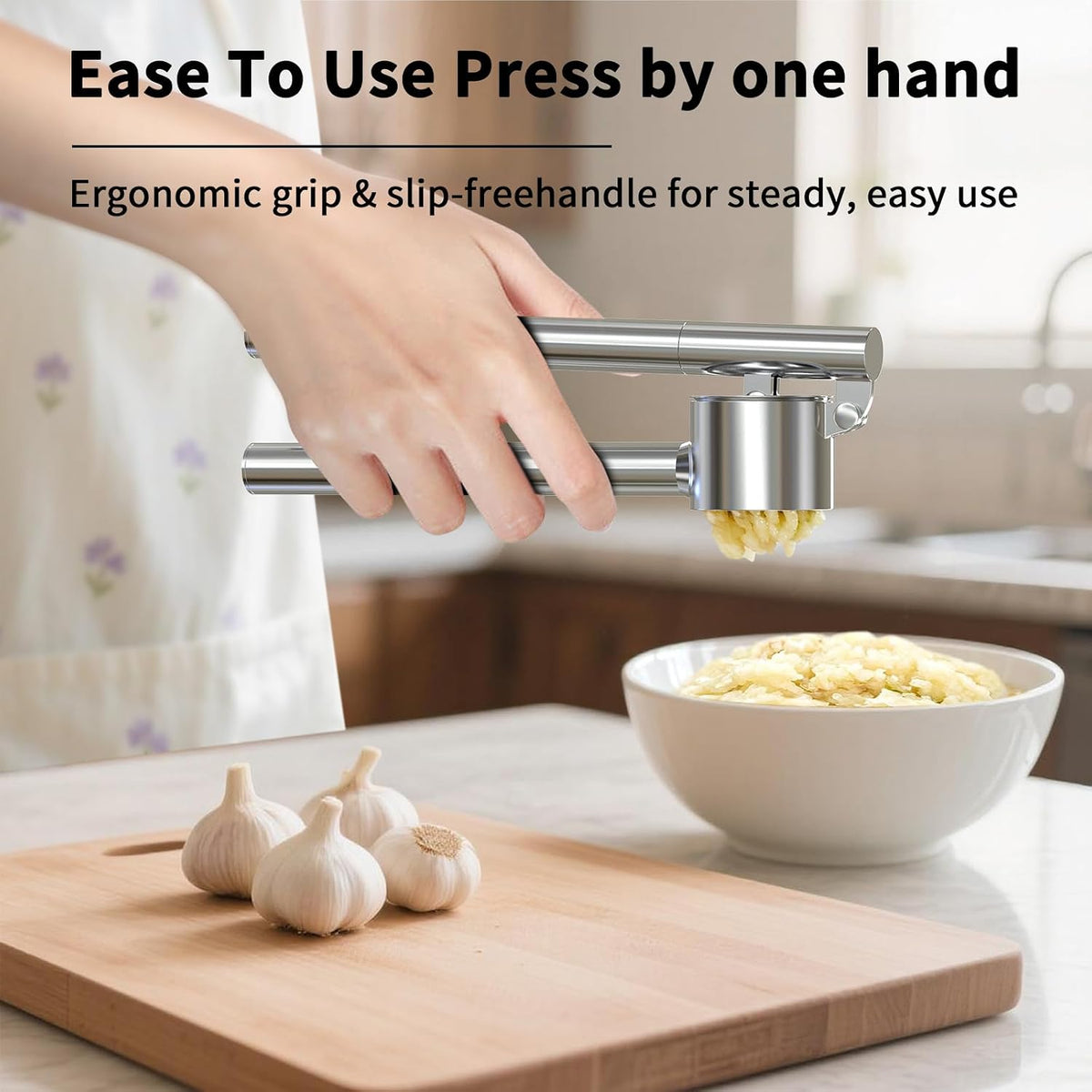 5-in-1 Stainless Steel Garlic Press Set with Large Chamber & Mincer - Heavy Duty Rustproof Garlic Crusher with Ergonomic Handle, Dishwasher Safe, Easy Squeeze Design for Ginger, Nuts, Herbs (Large)