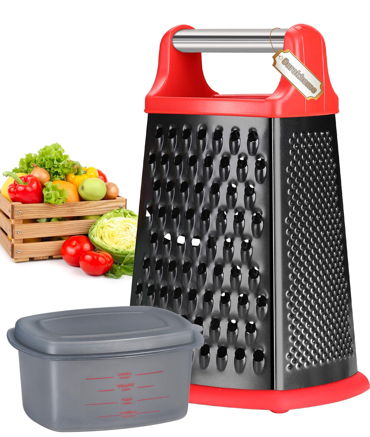 Ourokhome Cheese Grater, Handheld Box Grater with Container & Lid, 4-Sided Stainless Steel for Kitchen, Wavy Julienne, Slicer, Coarse Shred & Fine Zester, Non-Slip Base, Dishwasher Safe, 8 Inch