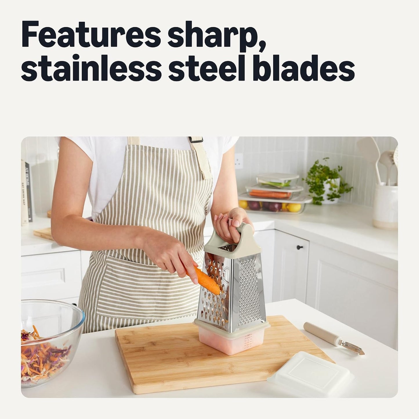 Amazon Basics 4-Sided Cheese Grater with Measurement Container, Stainless Steel, Dishwasher-Safe