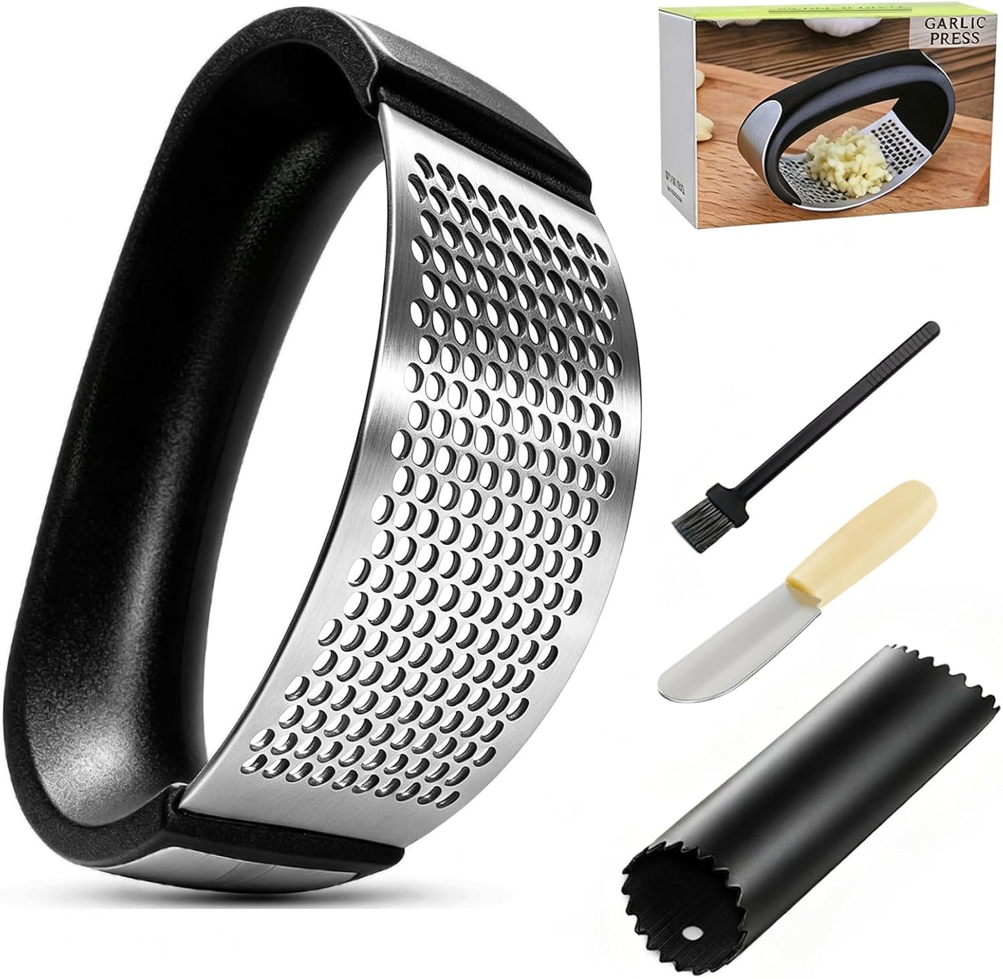 Garlic Press Rocker Set – Stainless Steel Garlic Crusher, Mincer with Peeler & Scraper, Quick & Easy Garlic Smashing