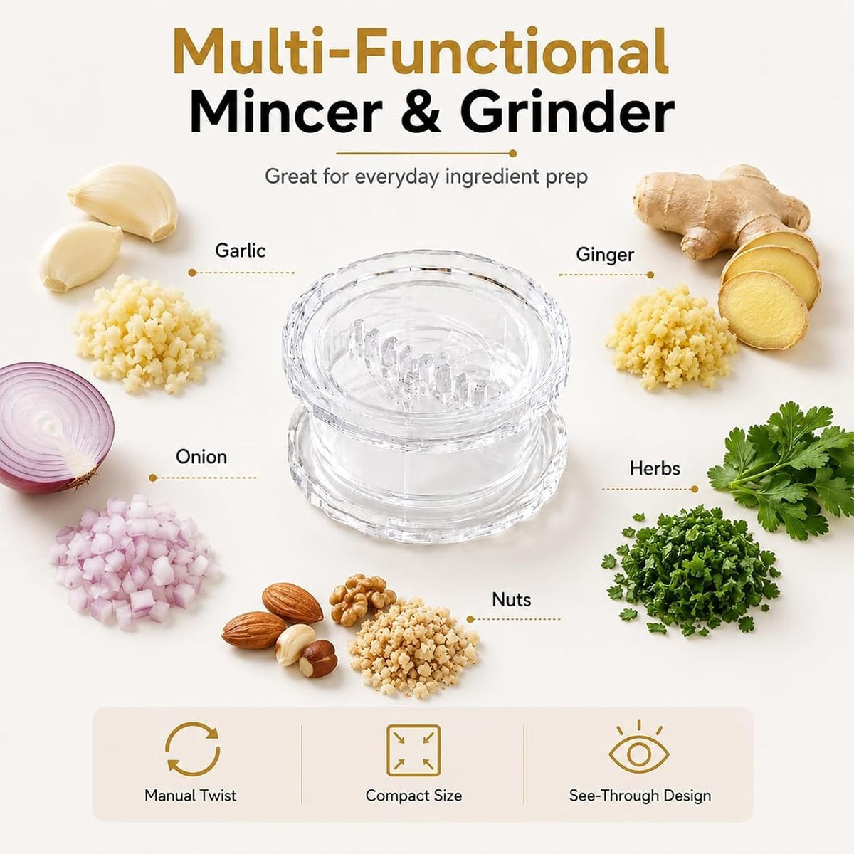 4 Pack Garlic Presses Clear, Manual Garlic Twister Masher - Plastic Garlic Grinder and Mincer Tool Dishwasher Safe & Easy to Clean Rotary Chopper for Garlic, Chili, Onion and Nuts, Compact