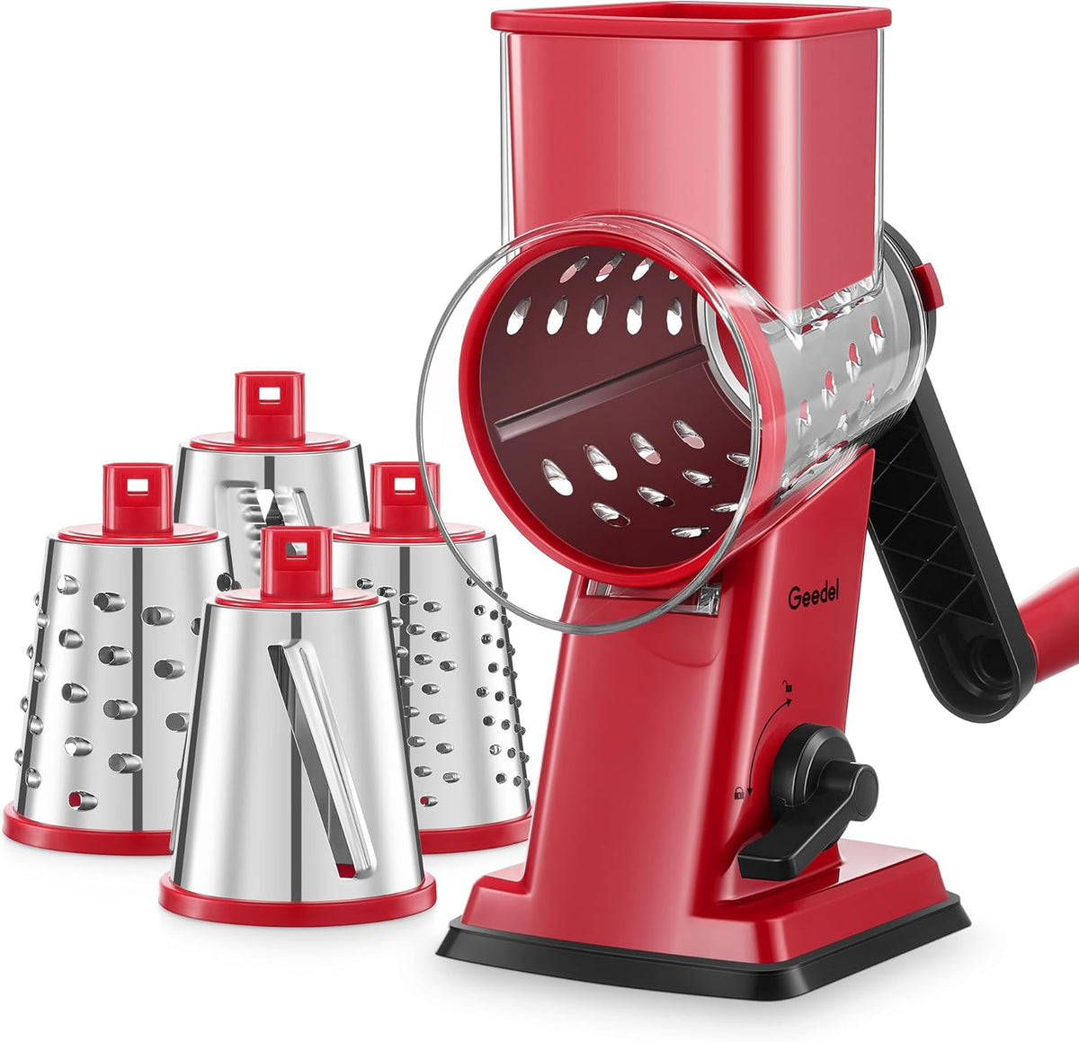 Geedel Upgraded Rotary Cheese Grater Hand Crank, Vegetable Shredder Slicer | 4 Blades, Stronger Suction Base, Wider Chute, 18x Faster Cutting, No BPA, Stainless Steel, for Cheese, Veggies, Nut