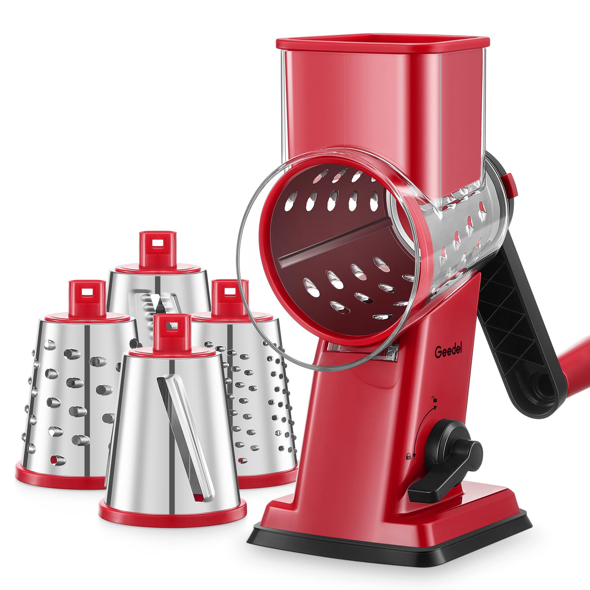 Geedel Upgraded Rotary Cheese Grater Hand Crank, Vegetable Shredder Slicer | 4 Blades, Stronger Suction Base, Wider Chute, 18x Faster Cutting, No BPA, Stainless Steel, for Cheese, Veggies, Nut