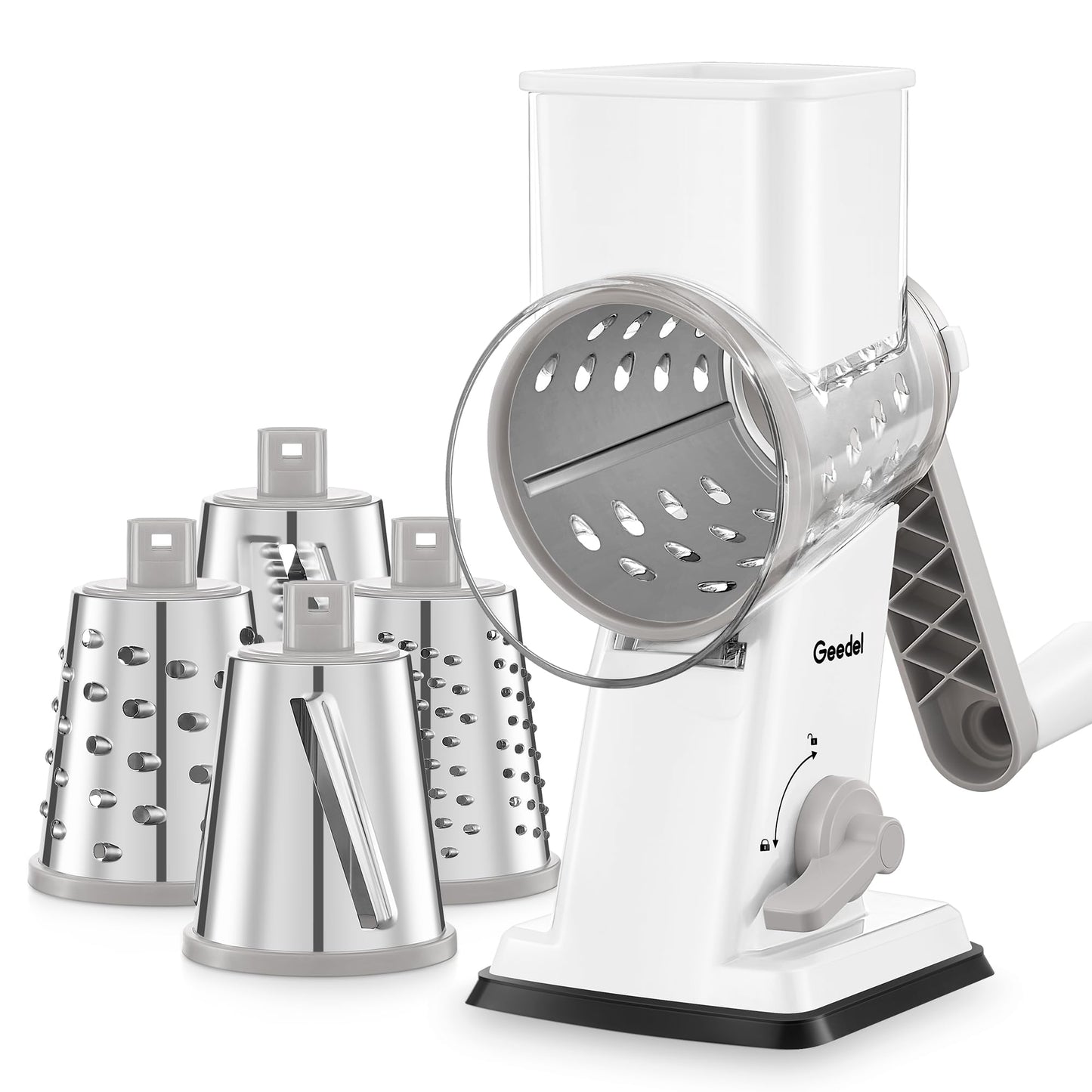 Geedel Upgraded Rotary Cheese Grater Hand Crank, Vegetable Shredder Slicer | 4 Blades, Stronger Suction Base, Wider Chute, 18x Faster Cutting, No BPA, Stainless Steel, for Cheese, Veggies, Nut