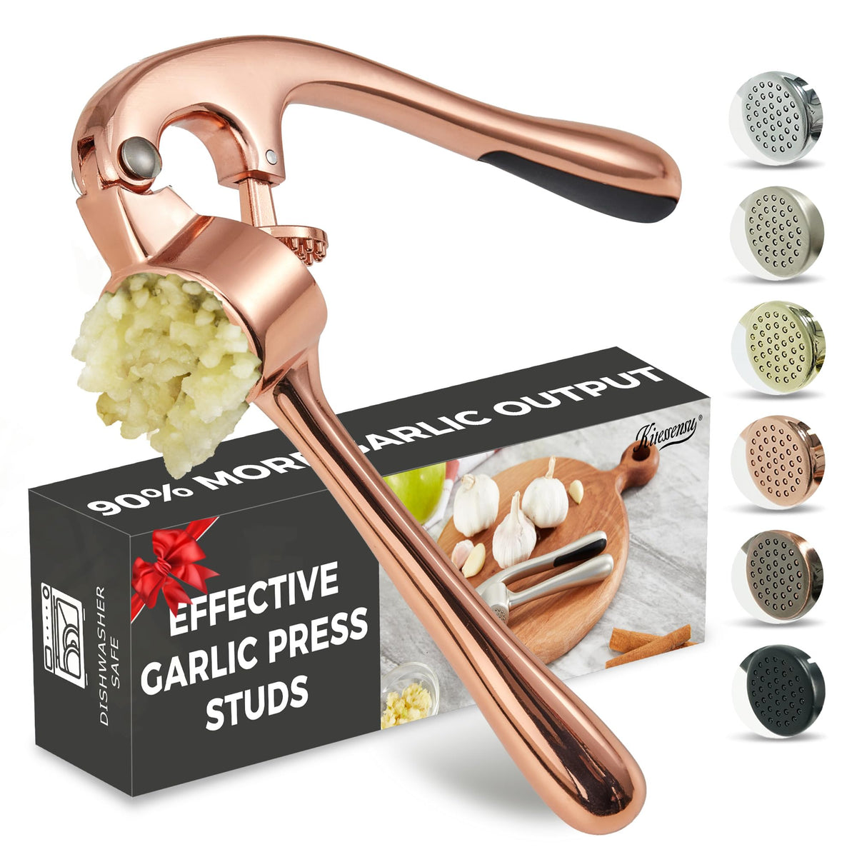 Kitessensu High Effective Garlic Press With Studs, Heavy Duty Garlic Mincer, Easy to Squeeze and Clean, Rust Proof, Ginger Crusher- Imperial Silver